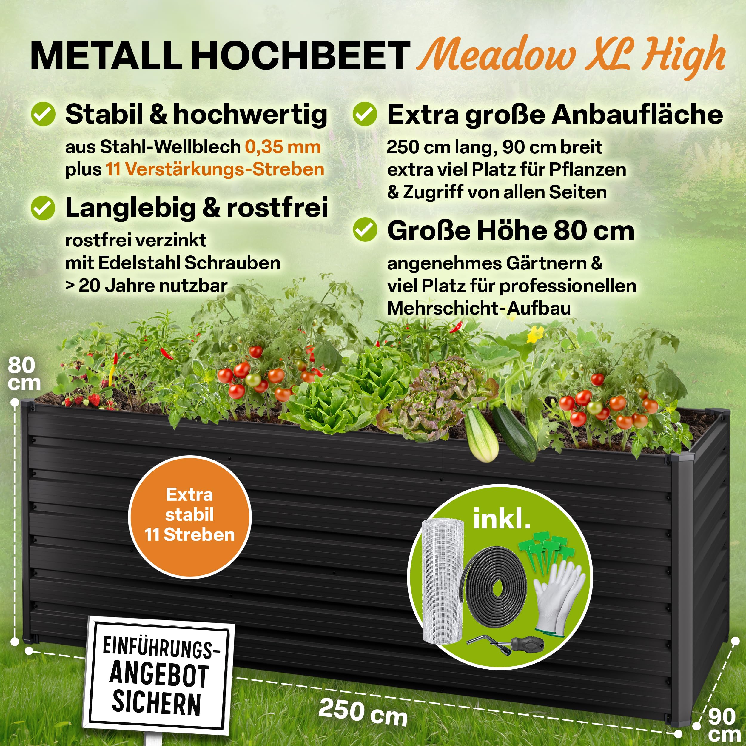 TTL GARDEN 250x90x80cm Meadow XL HIGH Metall Hochbeet Anthrazit Stahl Blech | - rostfrei verzinkt & grau lackiert rechteckige Form sehr stabil Garten Beet für Gemüse Kräuter Blumen Garten Gemüsebeet