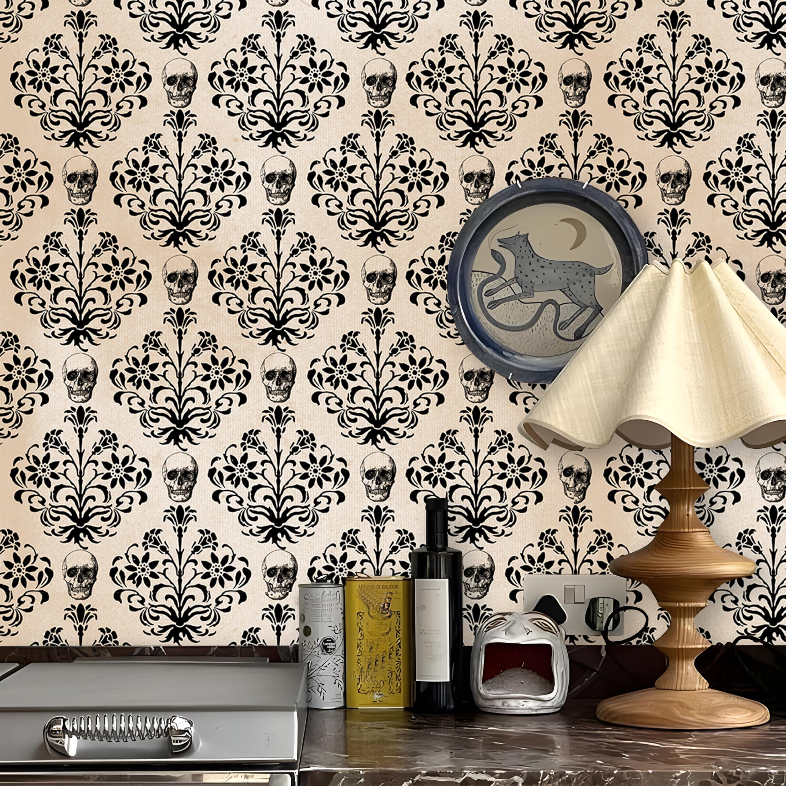 Douthfolle Gothic Skull Damask Self Adhesive Wallpaper, 44.5 x 500 cm Damask Peel and Stick Wallpaper Self Adhesive Furniture Wrap for Living Room,Bathroom,Drawer,Cabinets,Bedroom,Kitchen