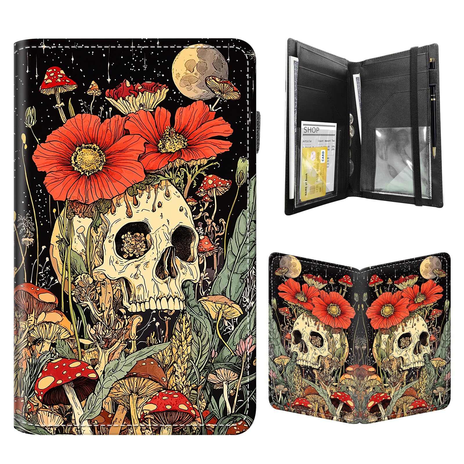 FQSXFIFN Leather Server Book for Waitress, Cute Server Book with Zipper Money Pocket,Check Presenters Waitstaff Organizer Fit Server Apron, Skull Red Flower Serving Books, Waiter Books for Servers