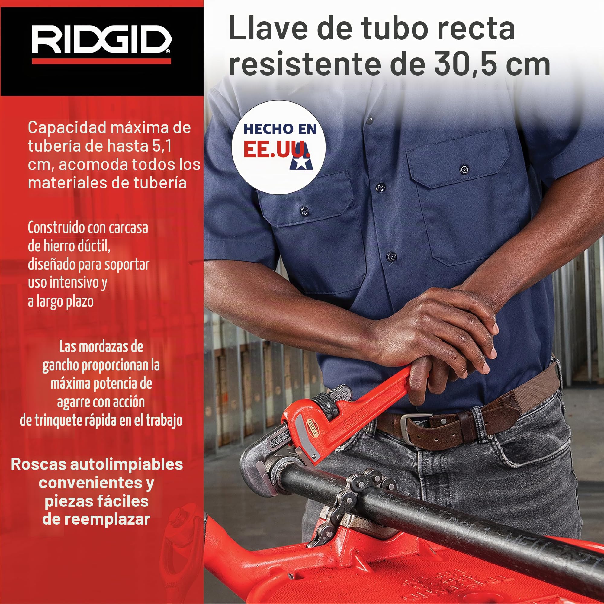 RIDGID 31015 Llave de tubo recta para servicio pesado de 12 pulgadas, Llave de fontanería de 12 pulgadas
