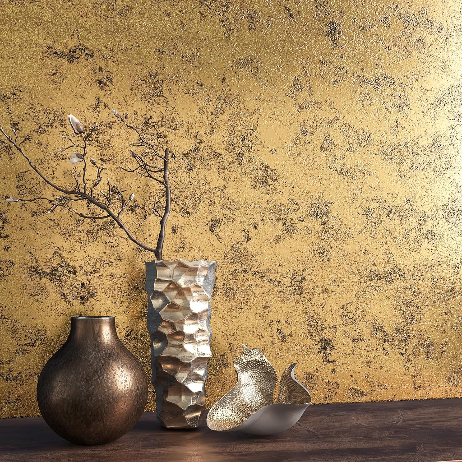 VEELIKE Luxury Gold Peel and Stick Wallpaper Textured Metallic Wallpaper Gold Contact Paper for Cabinets Shelves Accent Walls 24''x354'' Self Adhesive Removable Golden Wall Paper for Bedroom Bathroom