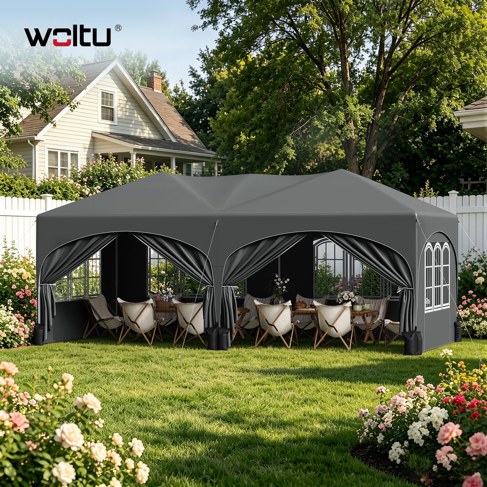 WOLTU Pavillon mit 6 Seitenteilen 4 Sandsäcke, Faltpavillon 3x6m mit Halbmonddach Tragetasche, Gartenpavillon wasserfest stabil UV-Schutz, Partyzelt Outdoor höhenverstellbar, Grau