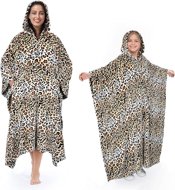 Catalonia Classy Fleece Poncho Blanket with Hood, Super Soft Warm Cosy Wearable Large Fleecy Blanket for Adult Women Men Fluffy Throw Indoors or Outdoors, 200 x 140 cm Leopard