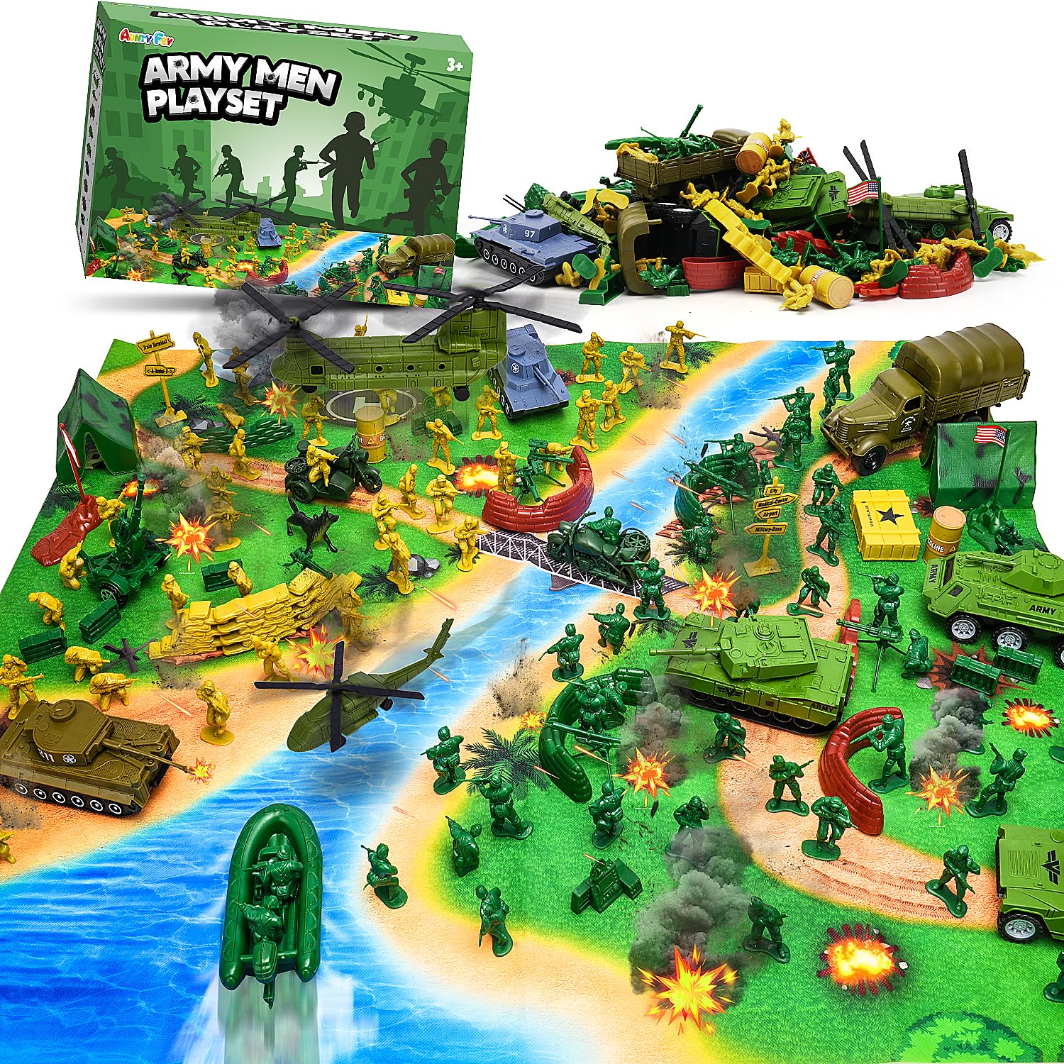 Army Men Playset with Plastic Army Men Action Figures, Military Toys with Mat, Toy Soldiers for Boys with Green Tanks, Army Toys for Boys Age 4-8-12