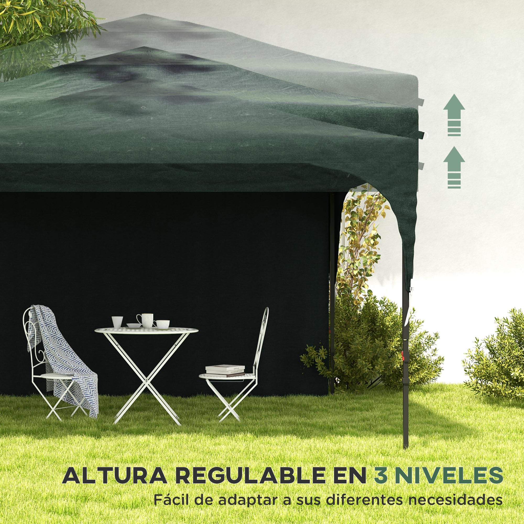 Outsunny Carpa Plegable 3x3 m Cenador de Jardín con Altura Ajustable 1 Pared Lateral Impermeable 4 Bolsas de Arena y Bolsa de Transporte Gazebo para Exterior Patio Fiestas Verde