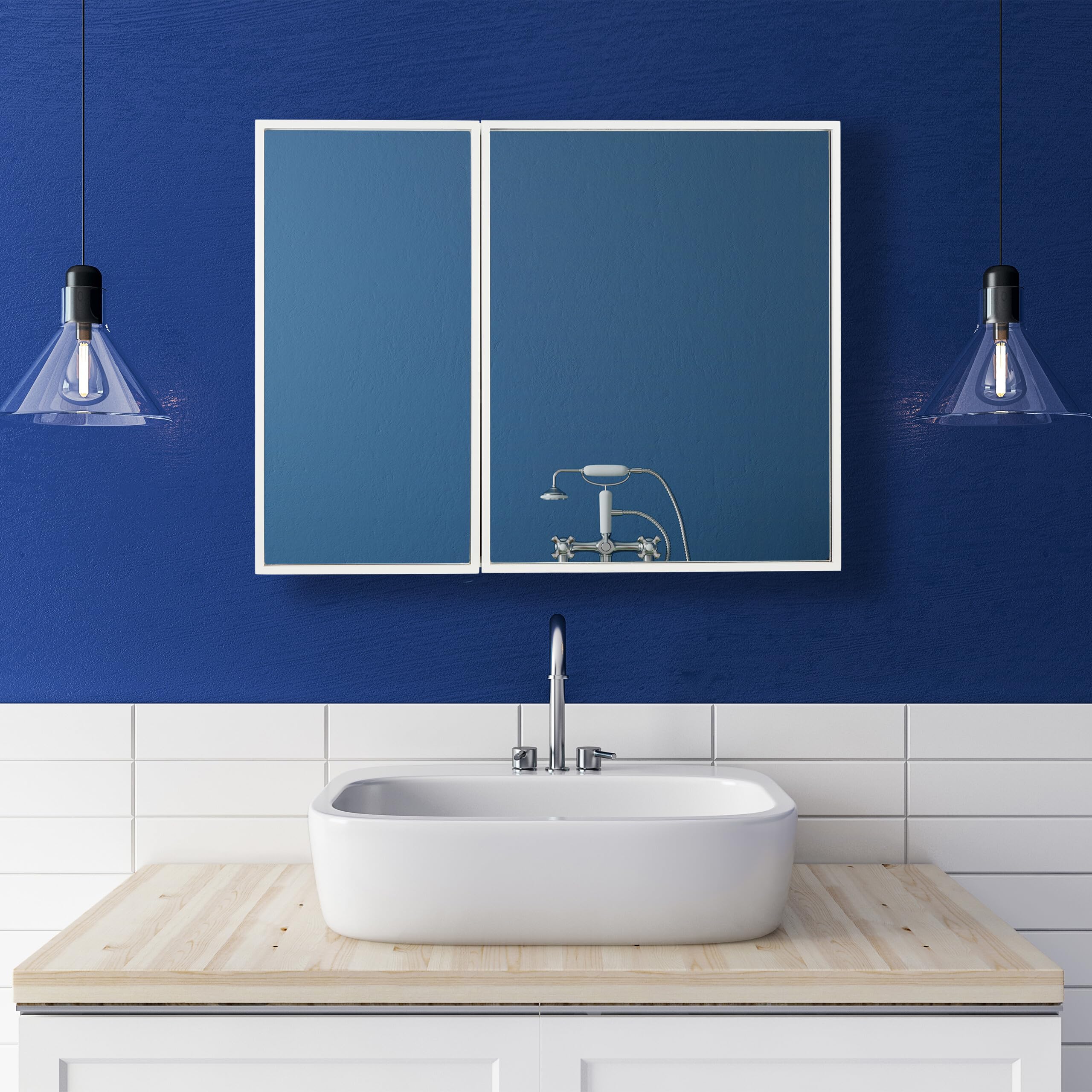 Relaxdays Armario de Baño con Espejo, Mueble de Pared con 2 Puertas Espejadas, 50 x 65 x 15,5 cm, Colgante, Blanco
