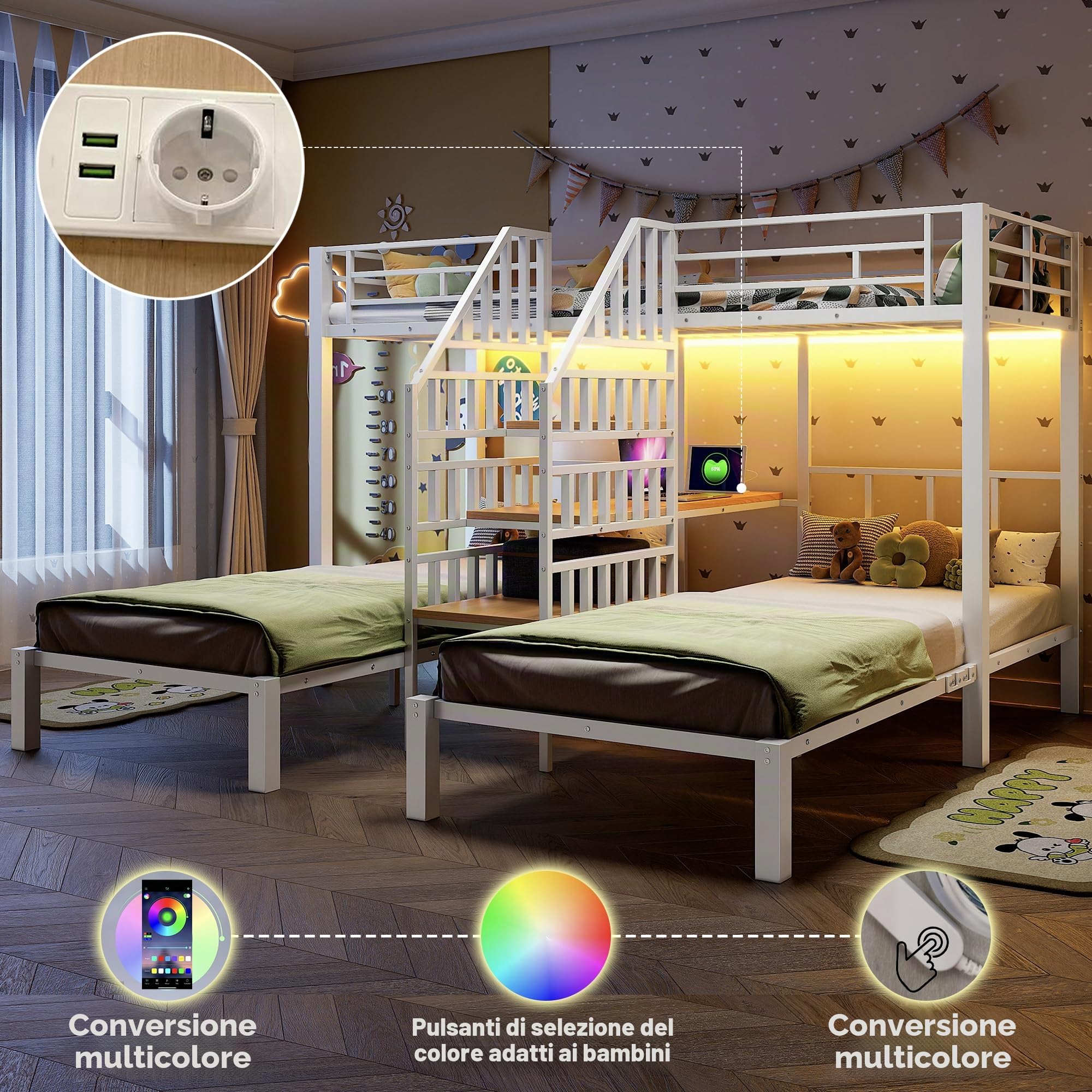 Letto a castello 90 x 200 cm con 3 letti, modalità LE/D, scala di archiviazione, design US/B e scrivania, struttura del letto in metallo + MDF, senza materasso per cameretta dei bambini