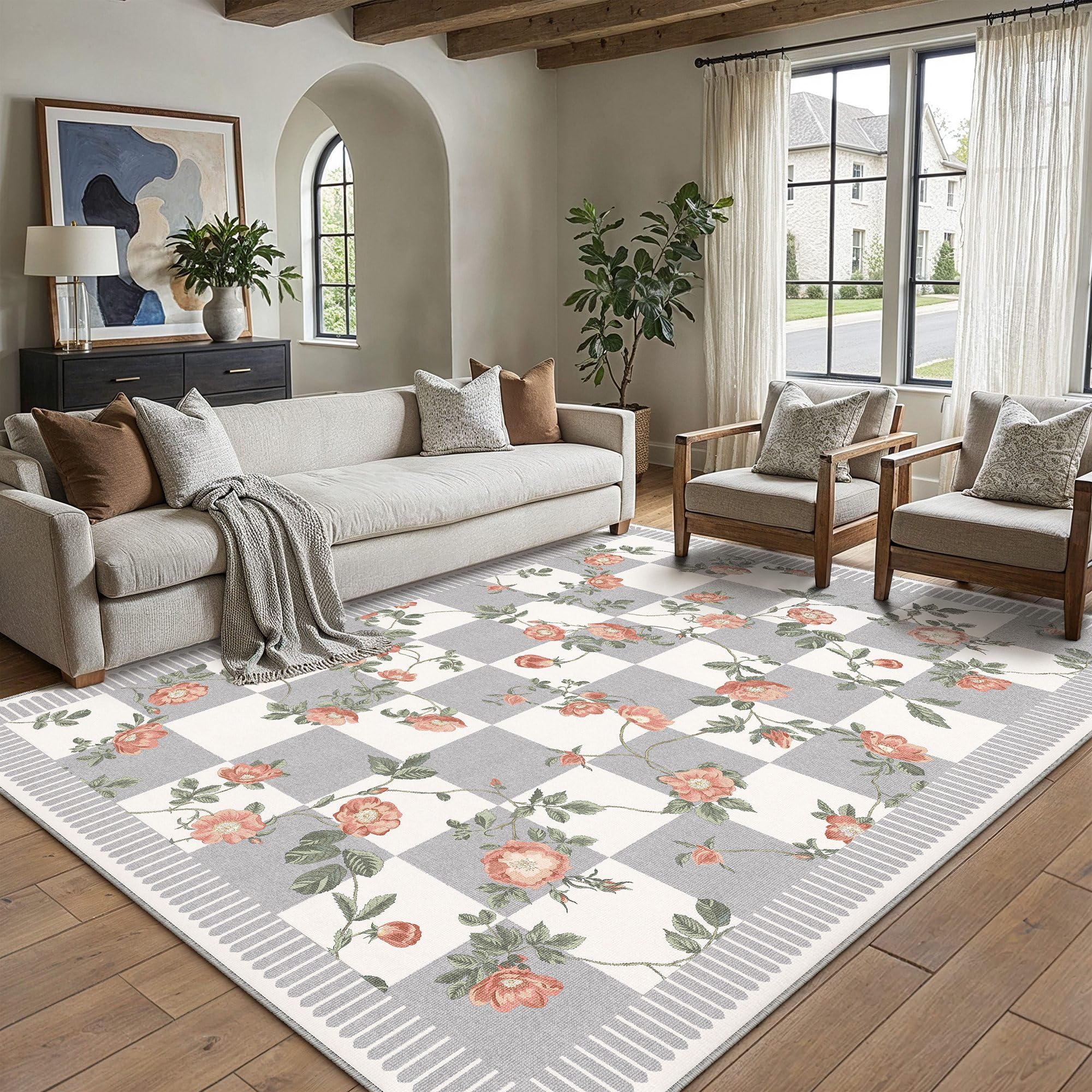 hugear vintage floral machine washable 8x10 area rugs black green living room bedroom rug retro neutral stain resistant non slip low pile throw carpet for home aesthetic modern decor