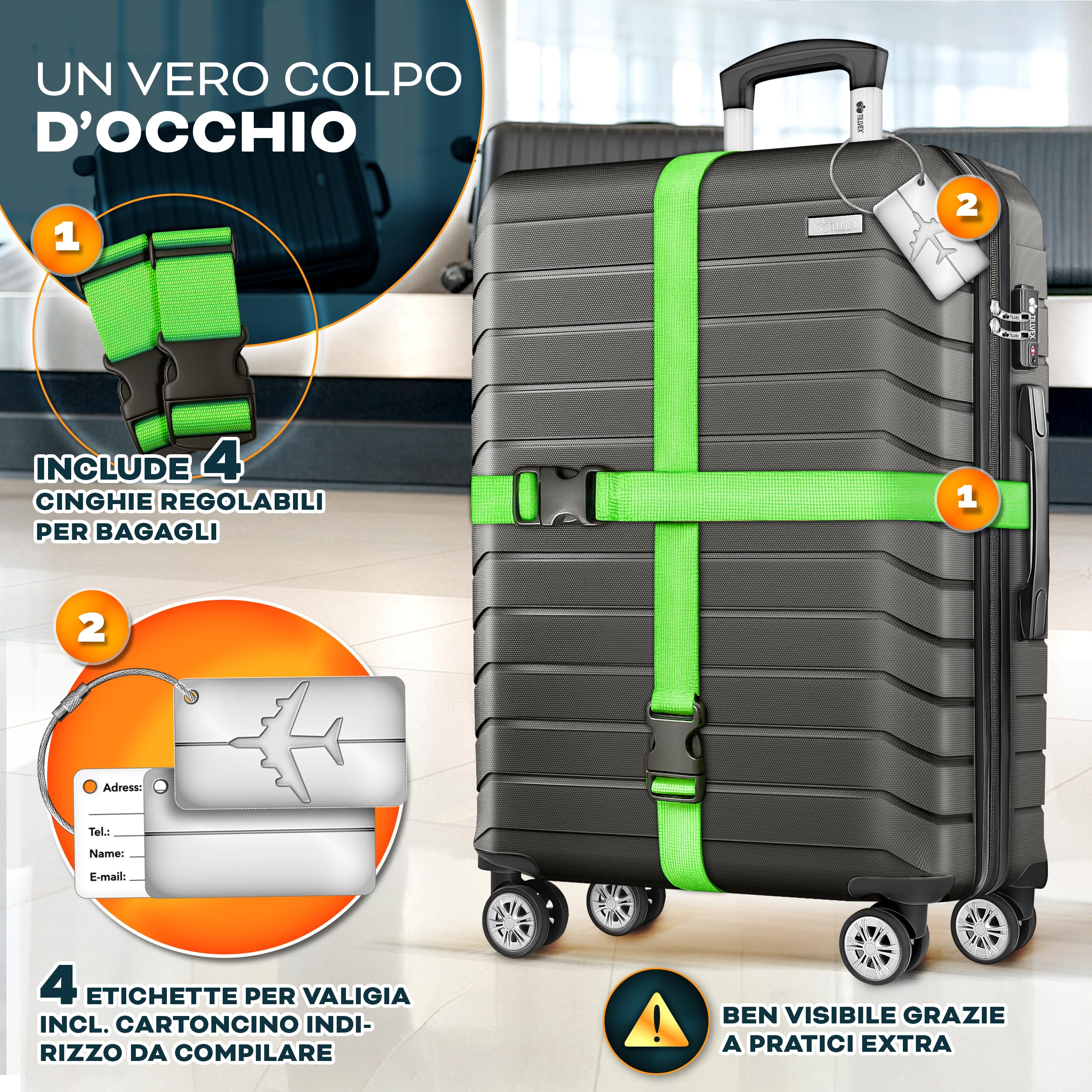 tillvex® Set 4 valigie rigide S-M-L-XL + bilancia, 4 cinghie e 4 etichette bagagli | Valigia da viaggio leggera con 4 ruote piroettanti | Guscio rigido in ABS con lucchetto TSA (Grigio/Antracite)