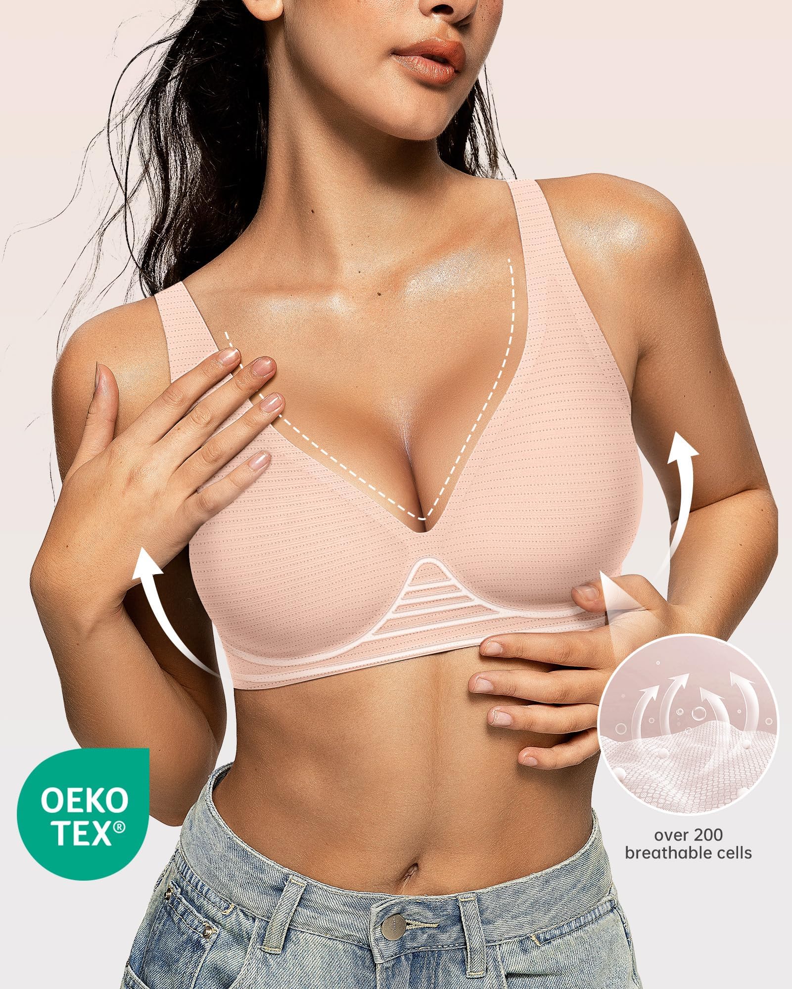 OEAK Womens Deep V Bras Wireless Comfortable Bra Supportive No Underwire Bras Tshirt Push Up Bralettes Plunge Seamless Bra