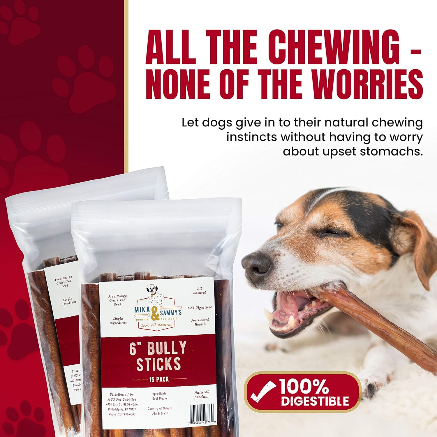Mika & Sammy's 6 Inch Regular All Natural Bully Sticks for Small & Medium Dogs (6 Inch 15 Pack)