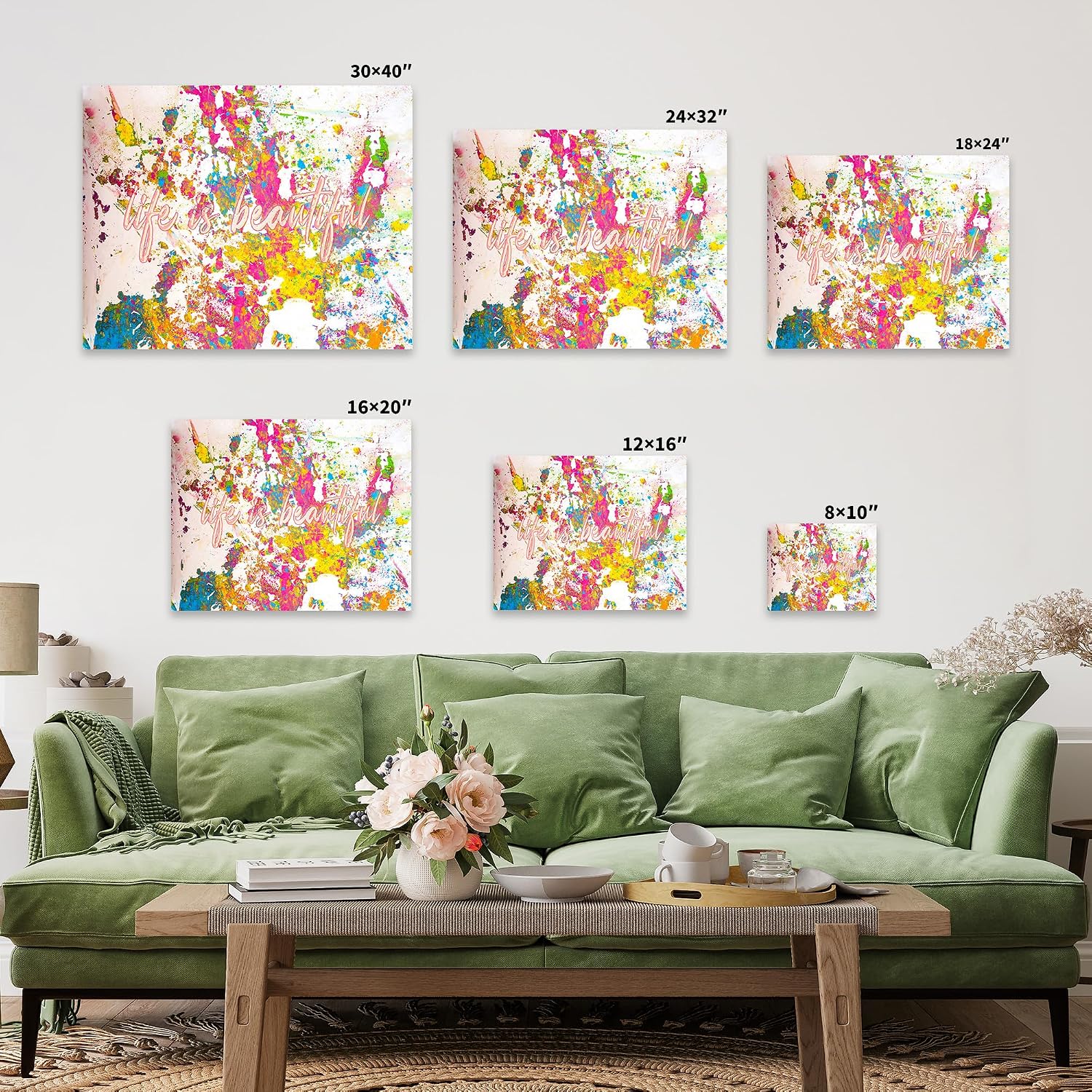 Poster Master Life Is Beautiful Canvas - Positive Quote Print - Street & Graffiti Art - Splatter Paint - Abstract & Pop Art - Colorful Living Room or Office Wall Decor - 8x10 STRETCHED Canvas