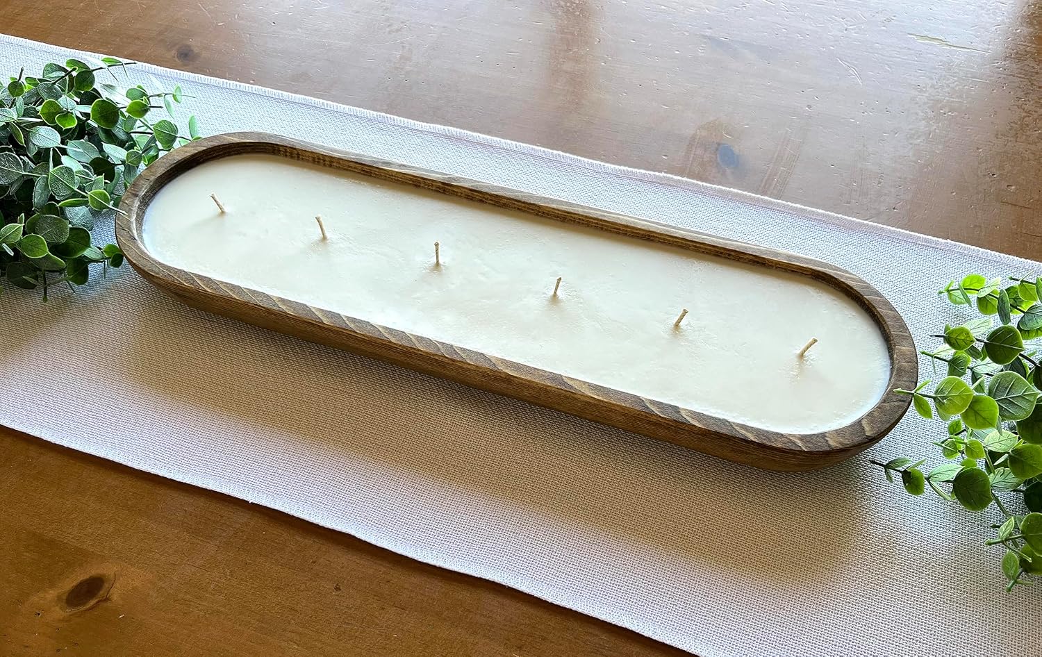 Bonneville Handmade Candles | 6 Wick Pine Wood Bowl | 19" x 5.5" x 2" Hand Poured, Dough Bowl Candle | Up to 50 Hour Long Burn Time | 100% Soy Wax | Scented Rustic Holiday Gift (Warm Vanilla)