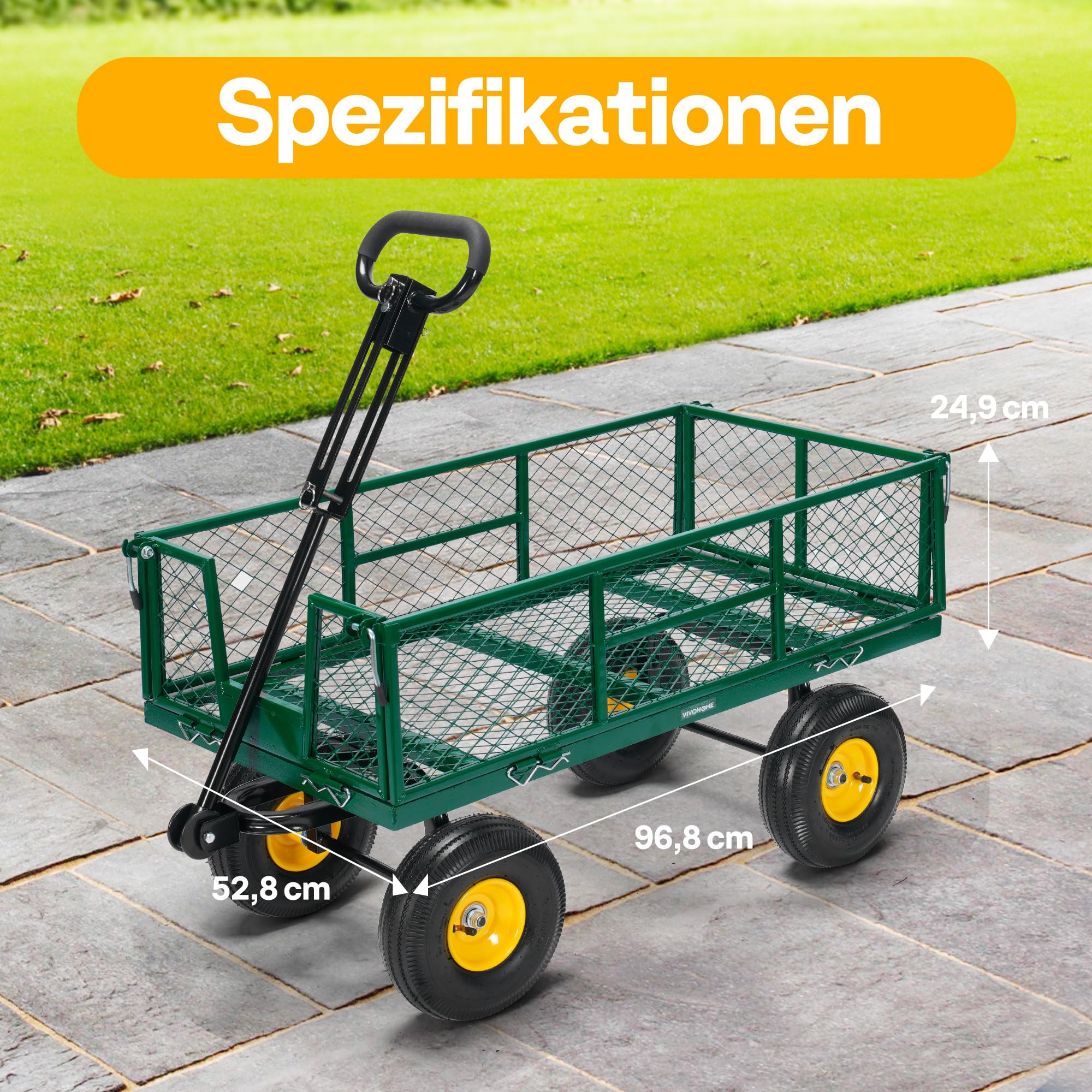 VIVOHOME Gartenwagen Metall Faltbar mit 410kg Tragkraft 25,4cm Luftreifen | Bollerwagen Stabil und Robust mit 180° Drehbarem Griff und Abnehmbaren Seiten für Garten Grün