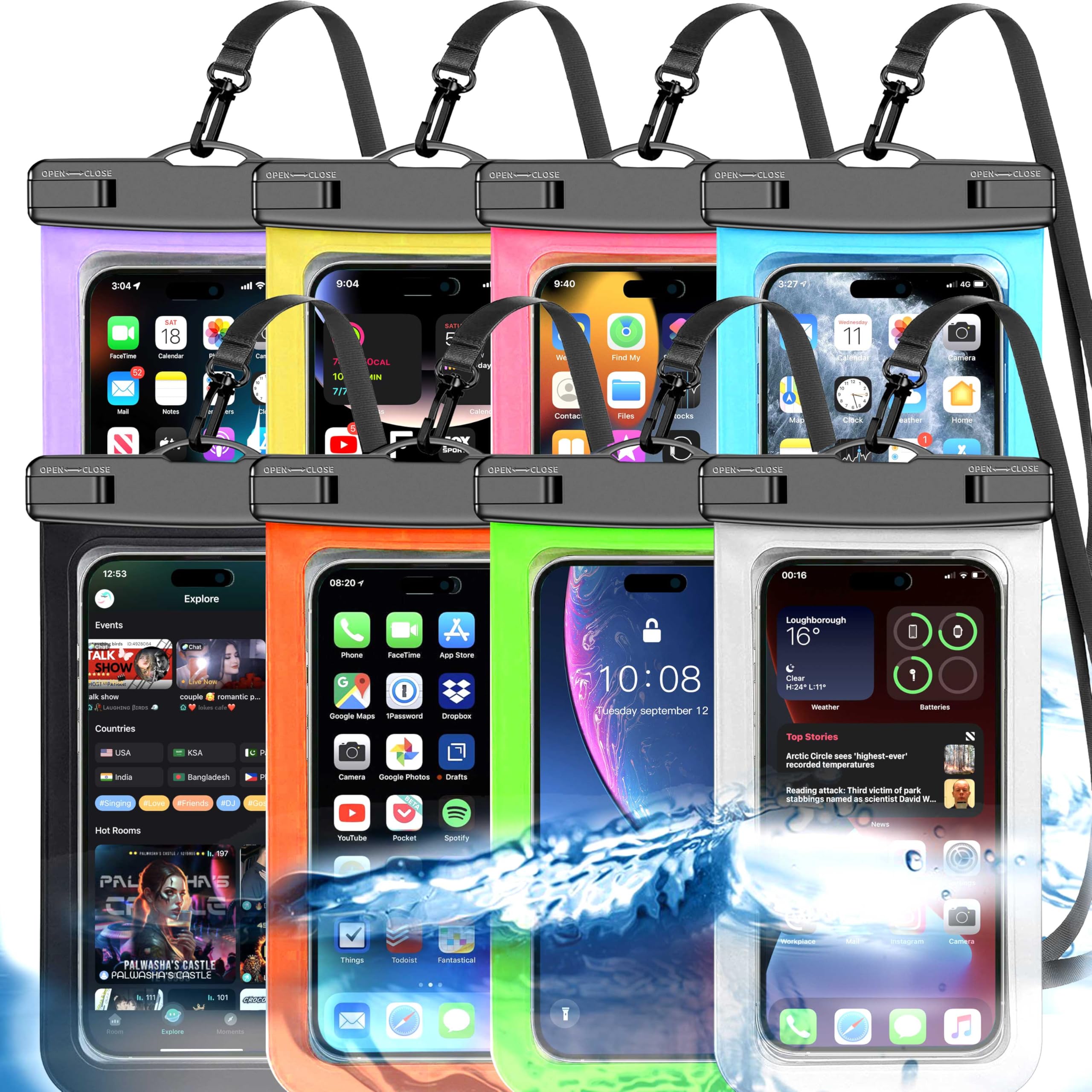 Famoby Up to 8.3" 8 Pack Multicolor Universal Waterproof Phone Pouch, Large Phone Waterproof Case Dry Bag, Protection Level: IP68, Outdoor Sports for