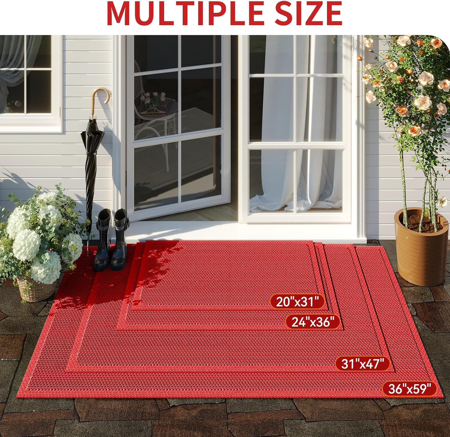 Front Door Mat 20''x31'', Drainage Heavy Duty Dirt Trapping Non-Slip Doormats, Outdoor Rubber Floor Mats, Restaurant Commercial Kitchen Industral Pool Entrance Bar Wet Area, Red