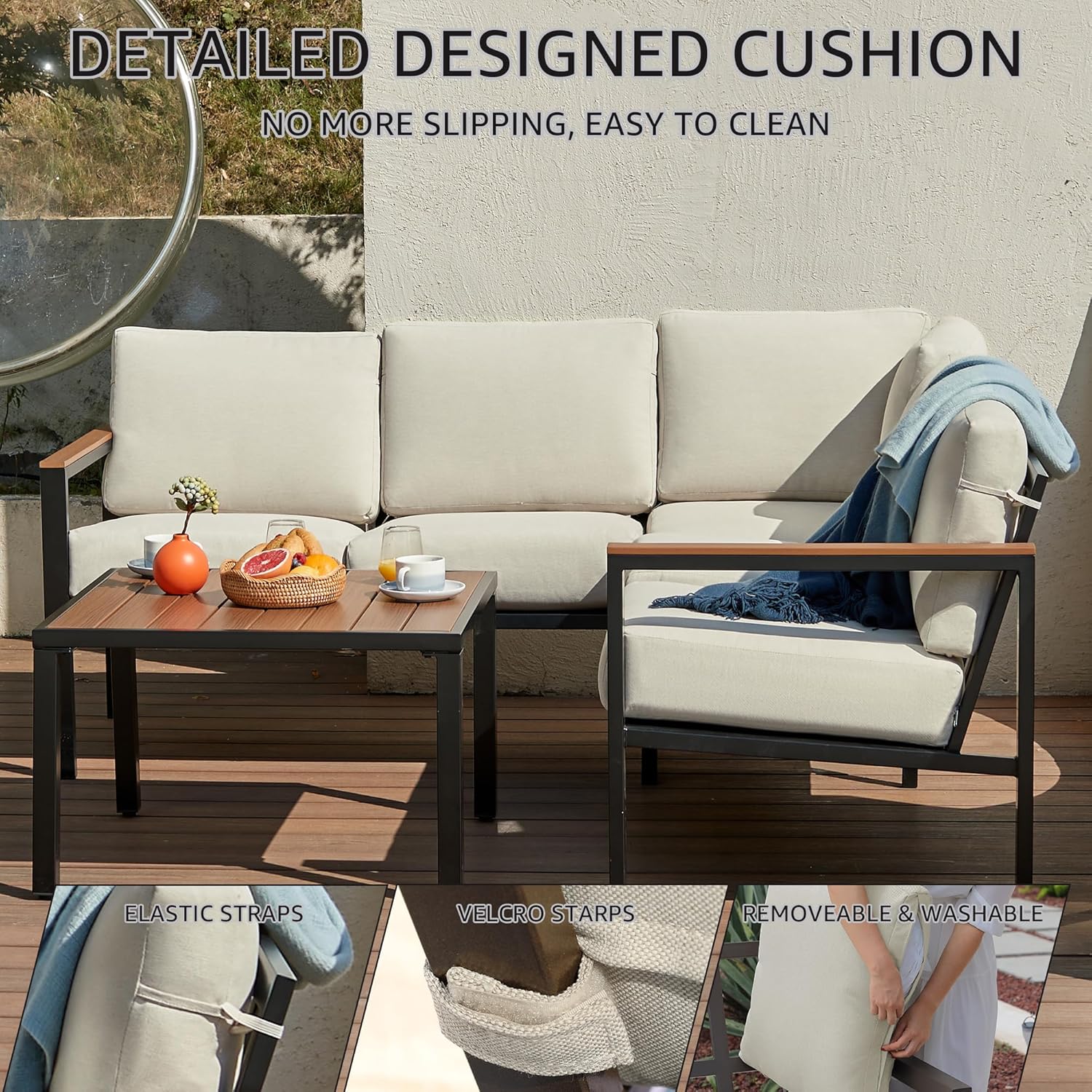 NATURAL EXPRESSIONS 6 Pieces Patio Furniture Set, Outdoor Couch with Thick Olefin Cushions, Fauxwood Armrest and Tabletop, Ergonomic Design Highback, Sectional Outdoor Furniture for Backyard, Deck