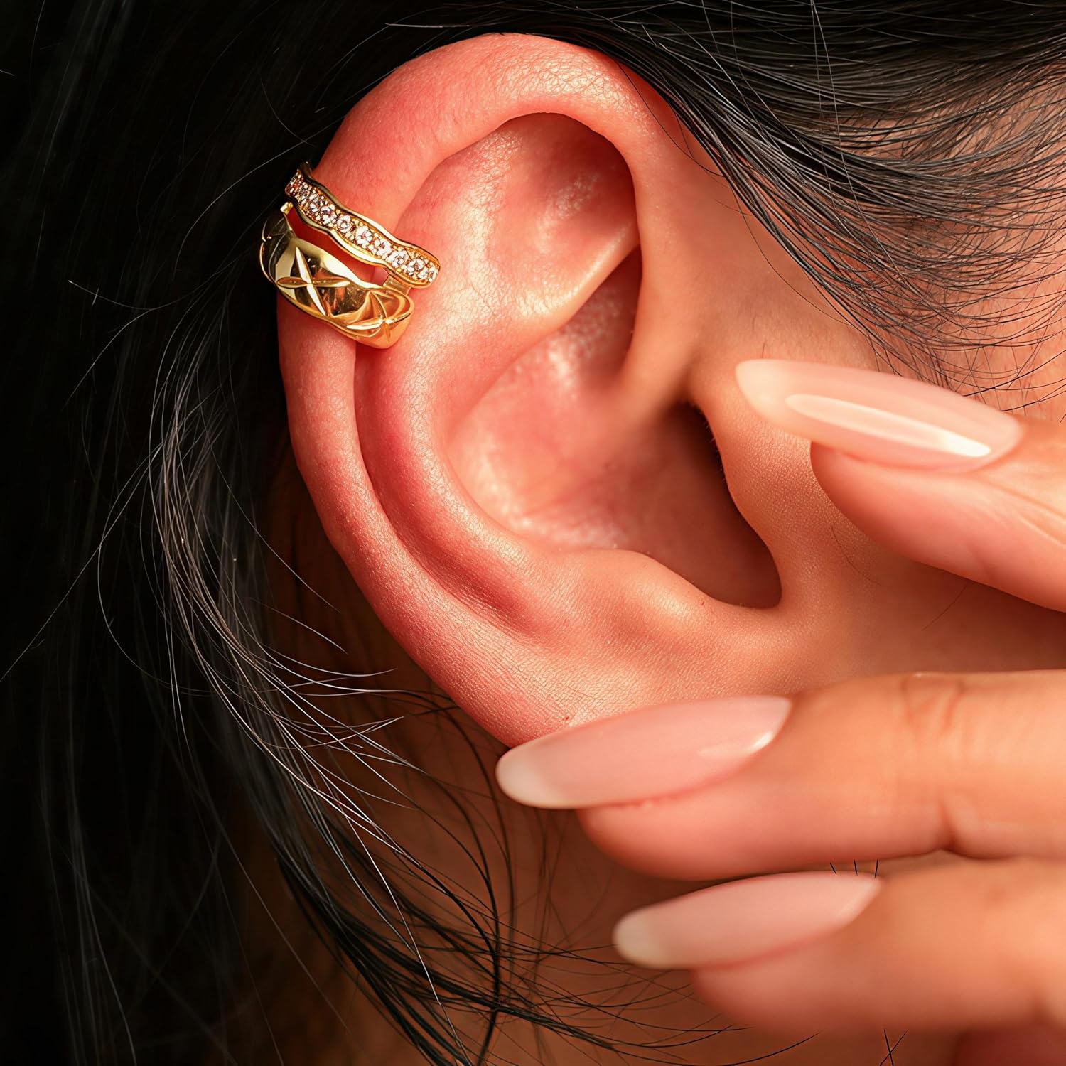 14K Gold Plated 316L Stainless Steel Ear Cuffs for Women – Non Piercing, Adjustable, Hypoallergenic Cartilage Cuff Earrings (Multiple Styles (Starry Crystal Cuff)