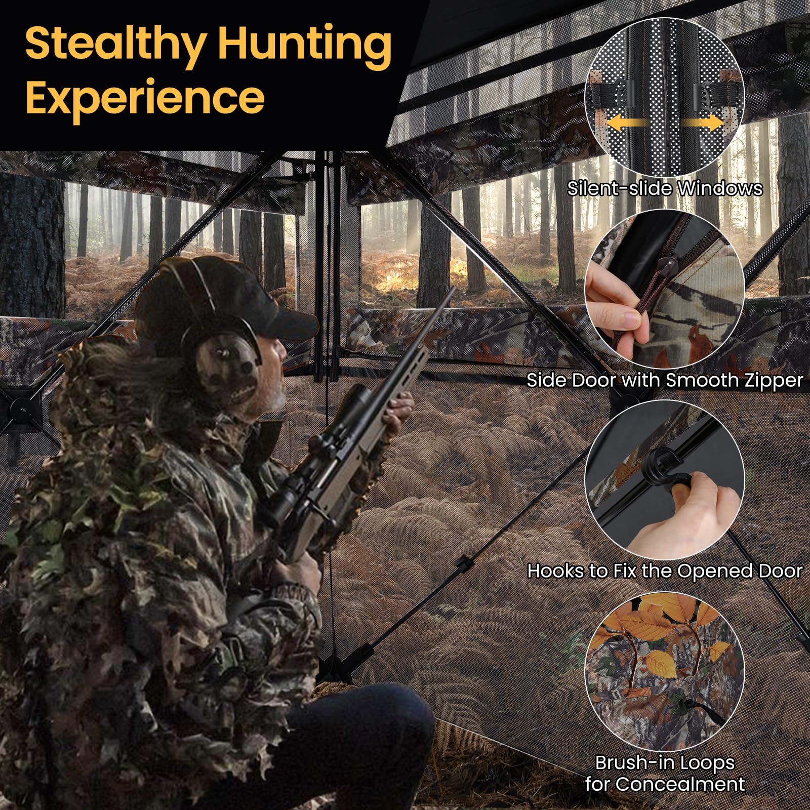 HOMASIS Persiana de Caza Portátil, Cobertizo de Camuflaje con Visión de 360°, Cobertizo de Caza de Ciervos y Pavos con Ventanas y Bolsa de Transporte, para 2-4 Personas, Camuflaje