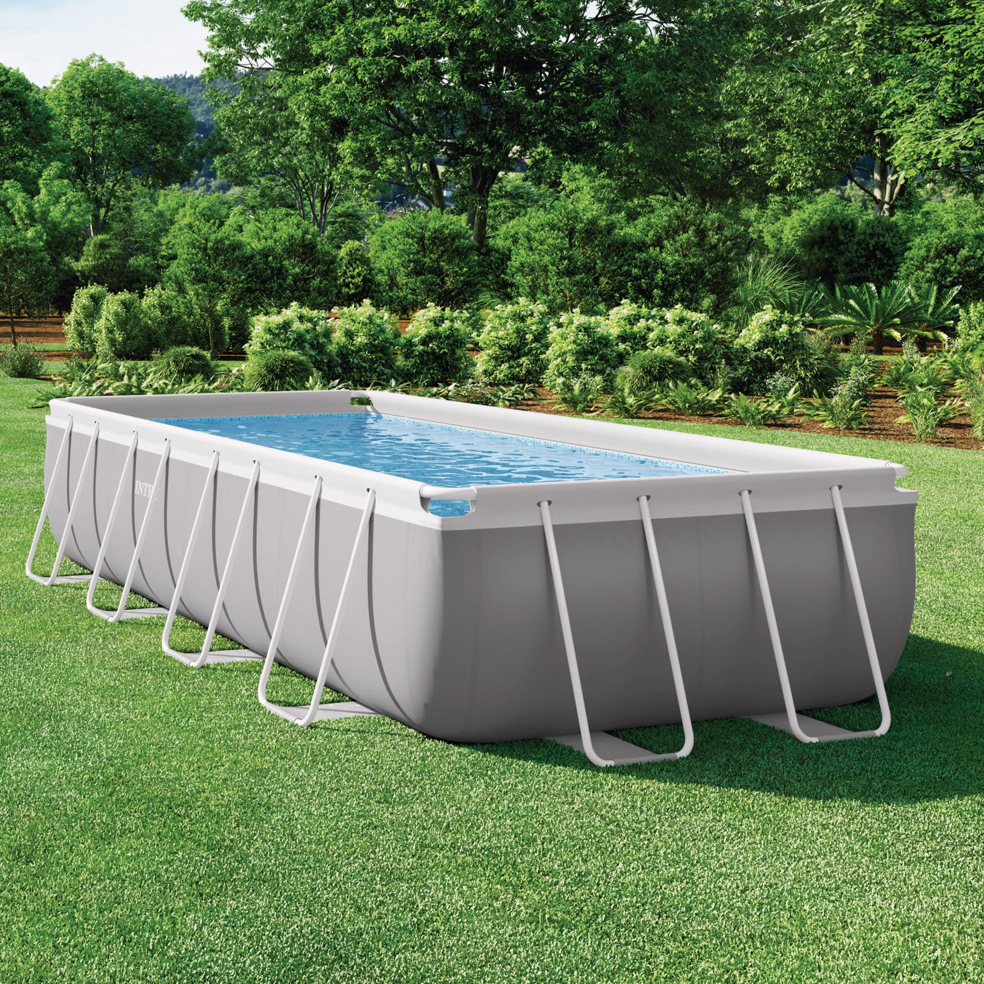 Intex 26792NP – Piscina Fuori Terra Prisma Frame Rettangolare, Pompa Filtro 3785 L/h, Scaletta, Telo Base e Copertura, 10874 L, Acciaio e PVC, Grigio, 488x244x107 cm