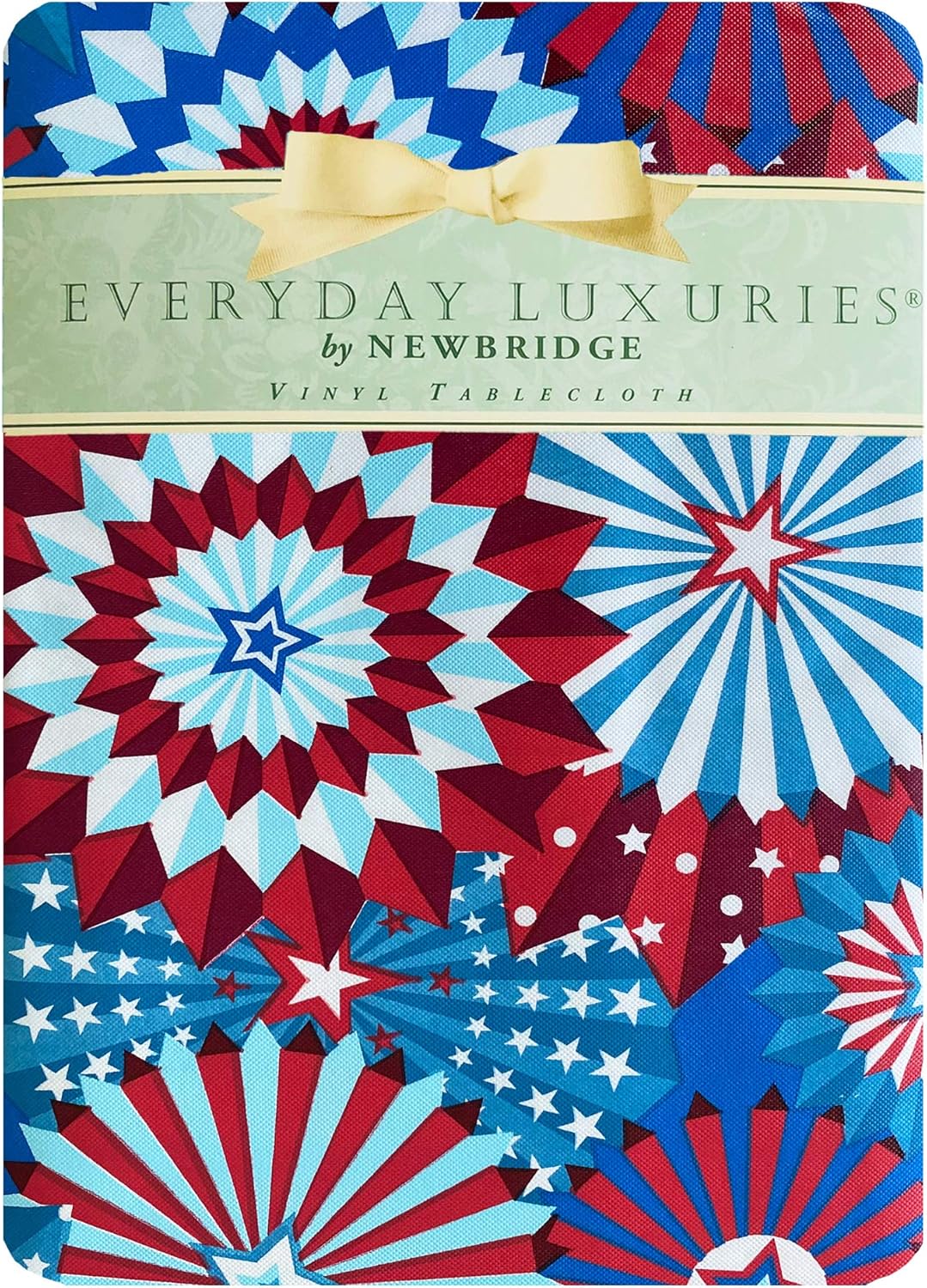 Newbridge Patriotic Pinwheel Celebration Vinyl Flannel Backed Tablecloth - Red, White, Blue Bursting Fireworks Indoor Outdoor Tablecloth, 60 Inch x 84 Inch Oval 60" x 84" Oval Pinwheel