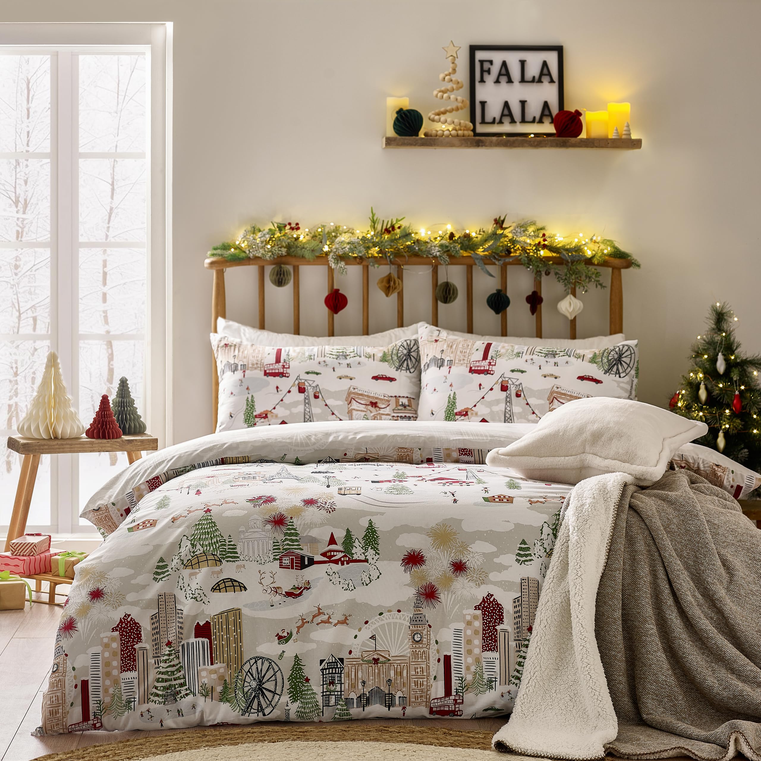 furn. Joy To All Duvet Cover Set – Reversible Christmas Bedding with Cities and Landmark...