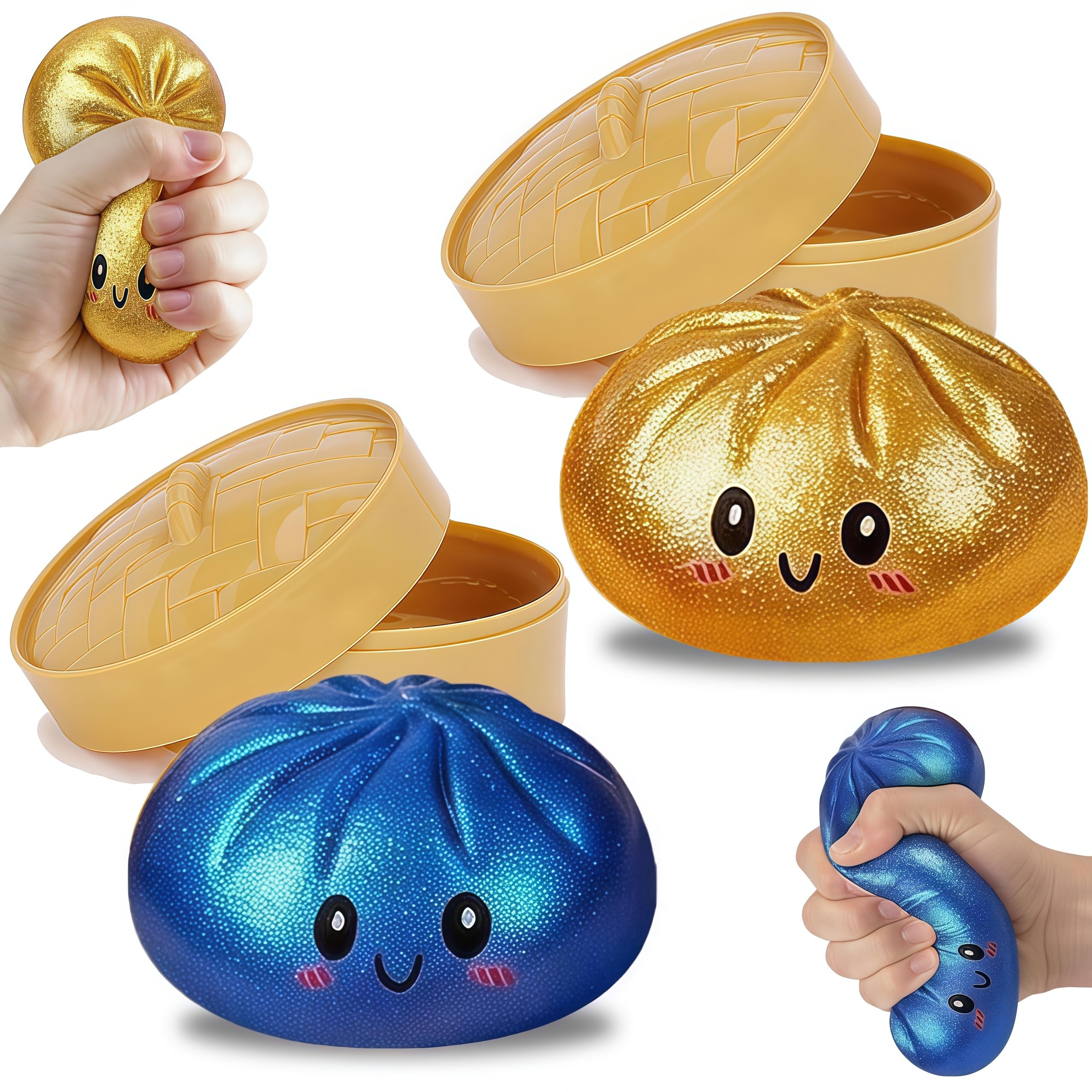Dumpling Squeeze Toys, Glitter Dumpling Squeeze Toy with Steamer Box, Glitter Squishy Box, Sensory Mystery Gifts for Kids & Adults, Classroom Prizes & Party Favors(Blue+Golden)