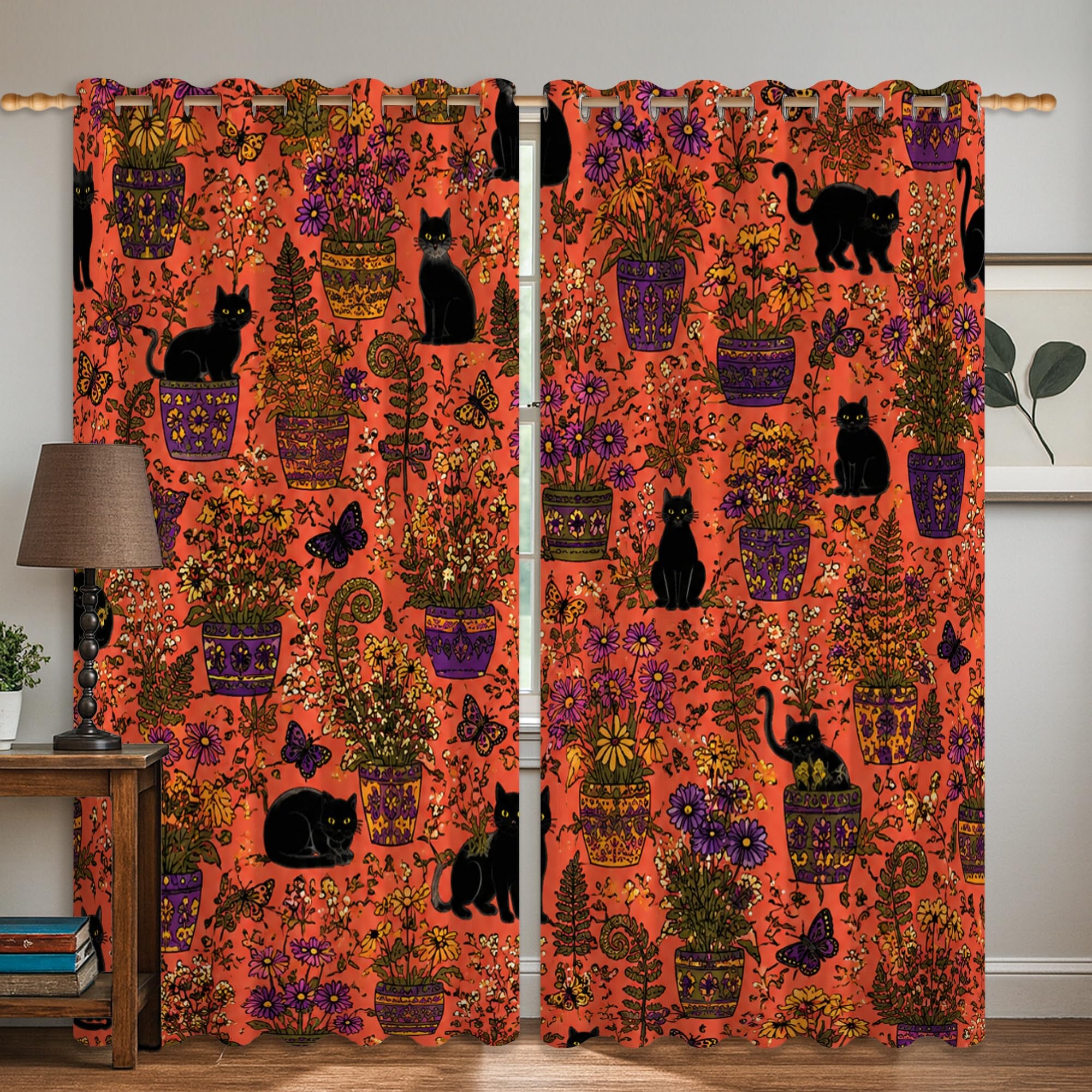 Rideaux occultants motif floral et chat pour salon et chambre bohème orange de 106x160 cm