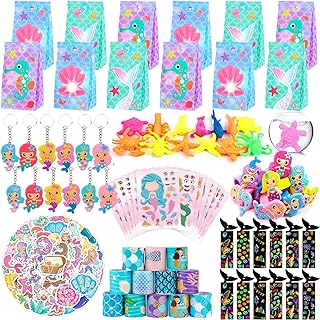 ANPHILE Mermaid Party Favors, 134Pcs Mermaid Birthday Party Supplies - Mermaid Bags, Make A Face Stickers, Scratch Art Set, Grow In Water Animals for Mermaid Party Supplies, Pinata Stuffers