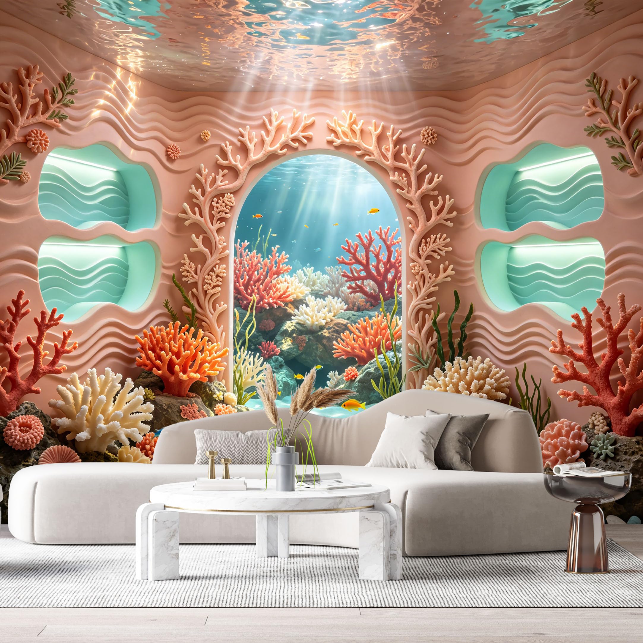 Custom Size Wall Murals Ocean Marine Coral Grotto 3D Trompe L'Oeil SelfAdhesiveWall Fabric Removable Wallpaper Wall Decor for Living Room Bedroom Bathroom