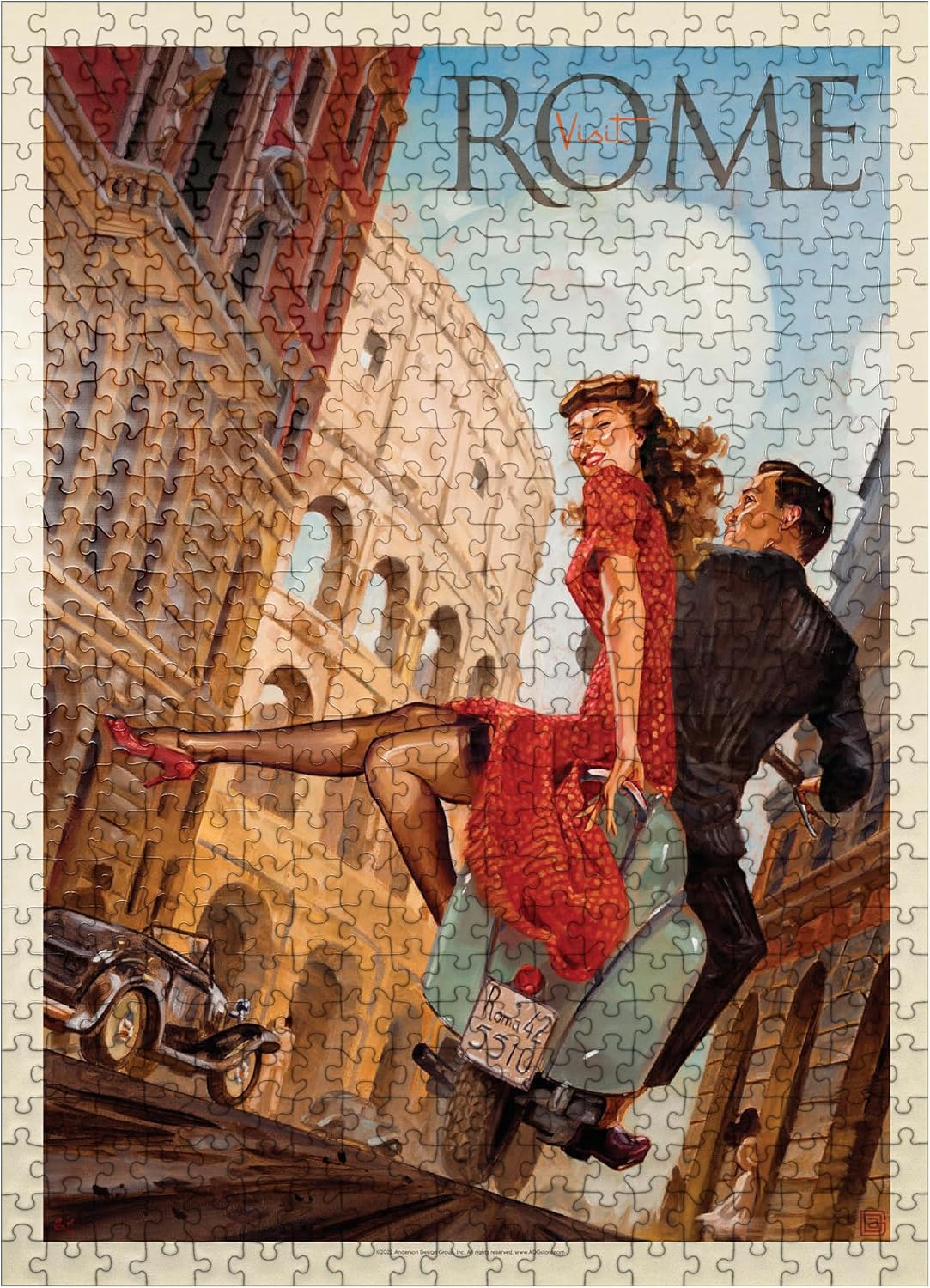 MyPuzzle Italy: Rome By Vespa, Vintage Poster - Premium 100 Piece Jigsaw Puzzle for Adults