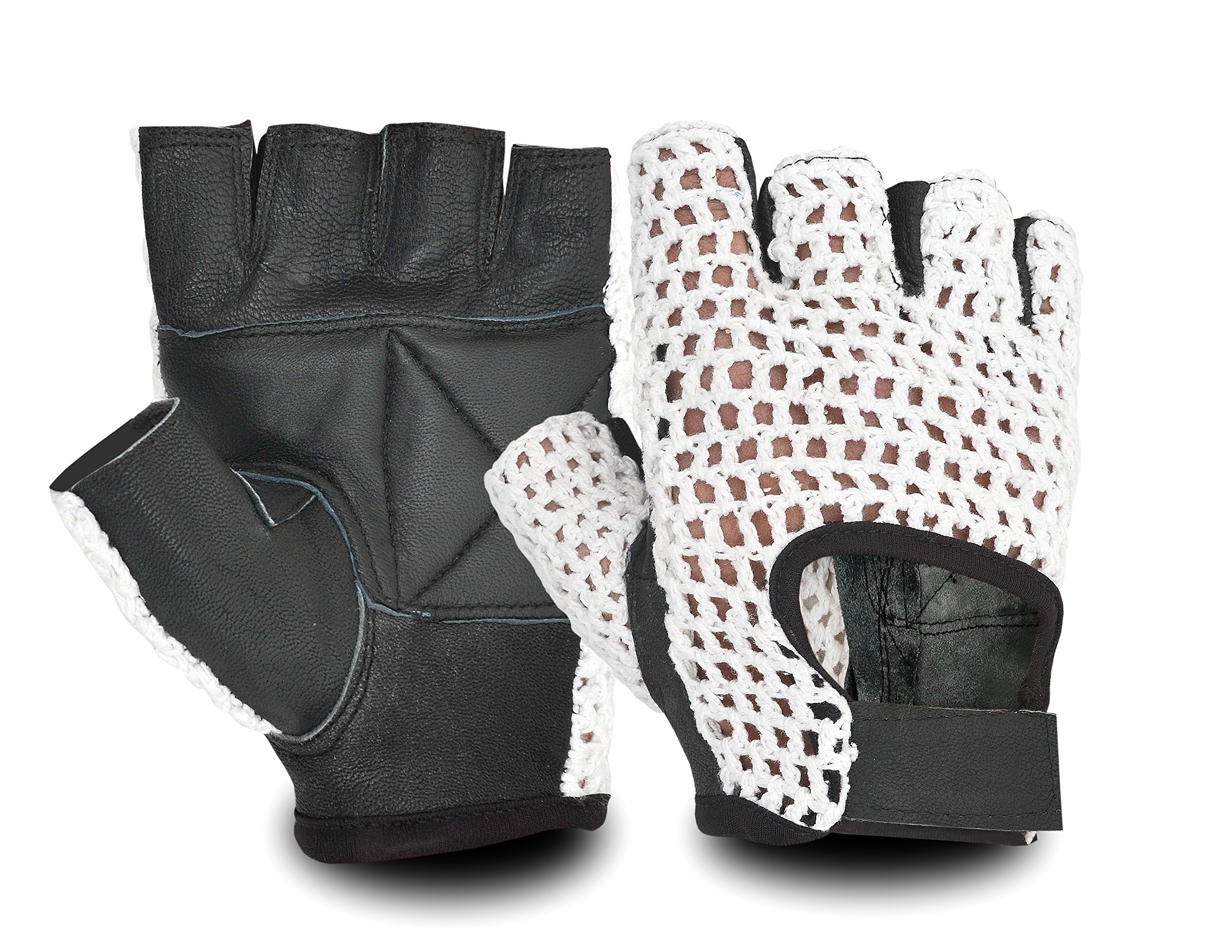 WHITE MESH BLACK LEATHER WEIGHT LIFTING PADDED GLOVES FITNESS TRAINING CYCLING GYM SPORTS BODY BUILDING (Medium)
