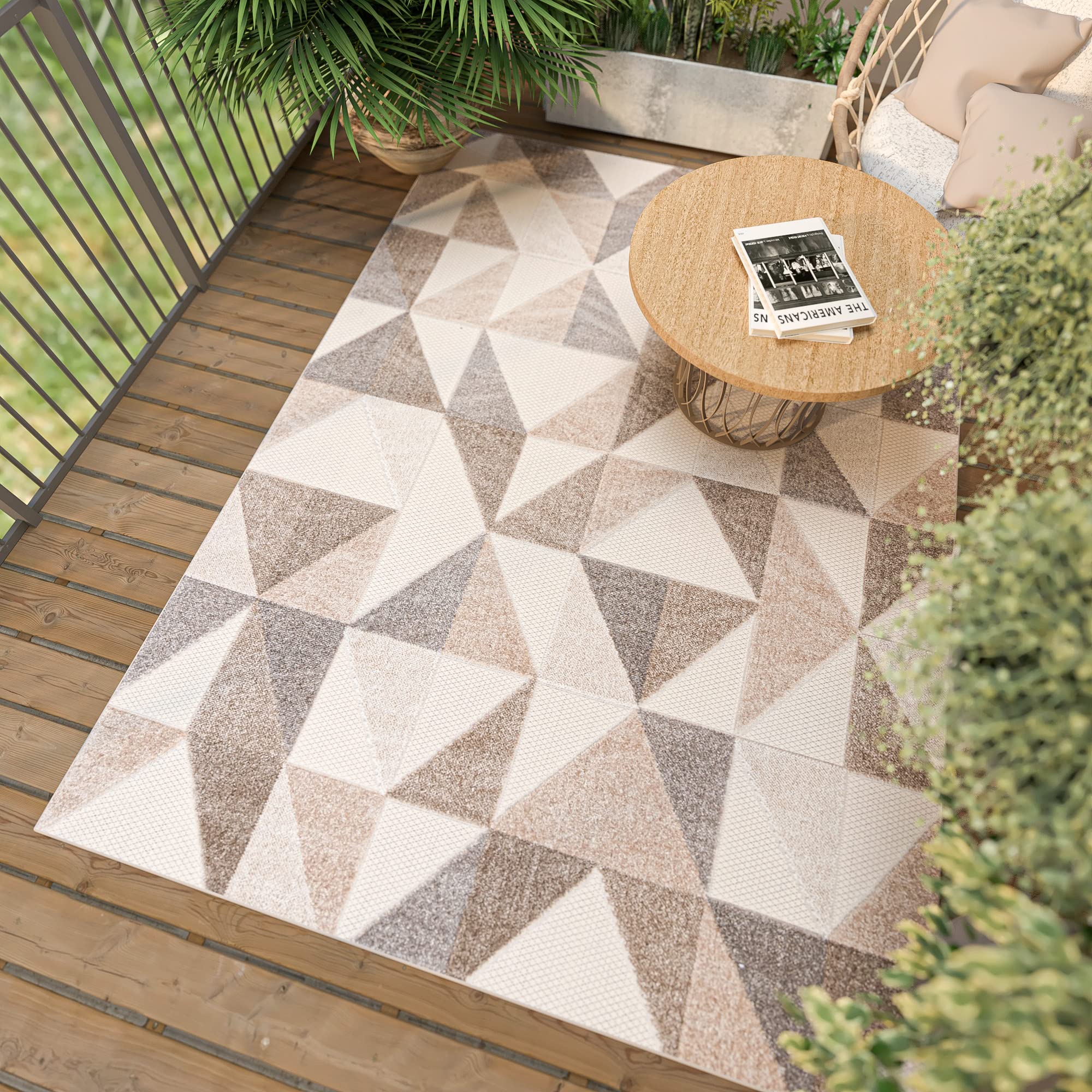 Grand Tapis Extérieur Terrasse Balcon Mazovia - Résistant Intempéries Géométrique Beige 120x170 Cm