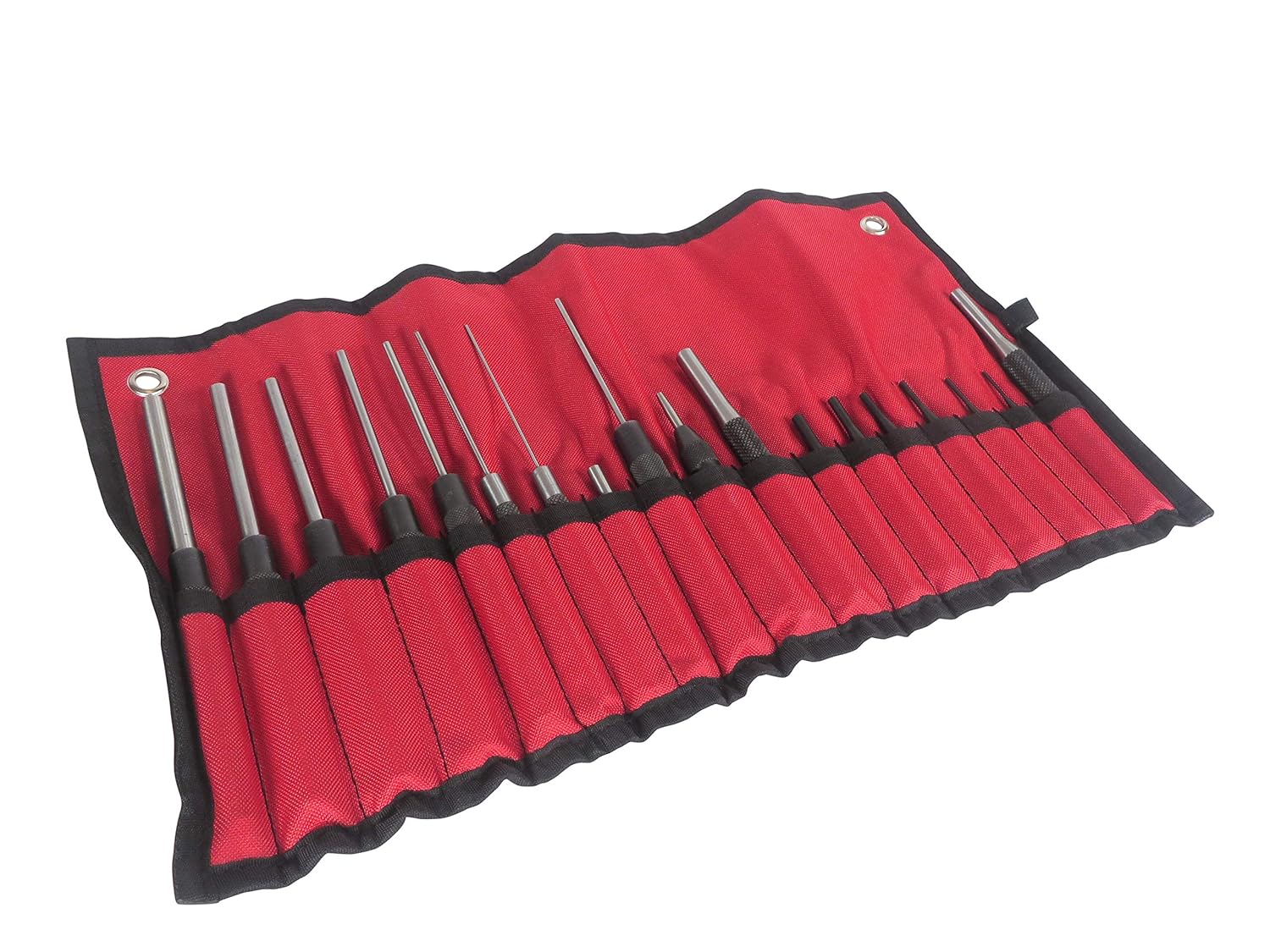Taytools 466125 18 Piece Roll Pin Punch Set with 8 Inch Long and 4 Inch Short Pins, Includes Sizes 1/16 Through 3/8 Inch, Automatic Center Punch in Canvas Storage Pouch