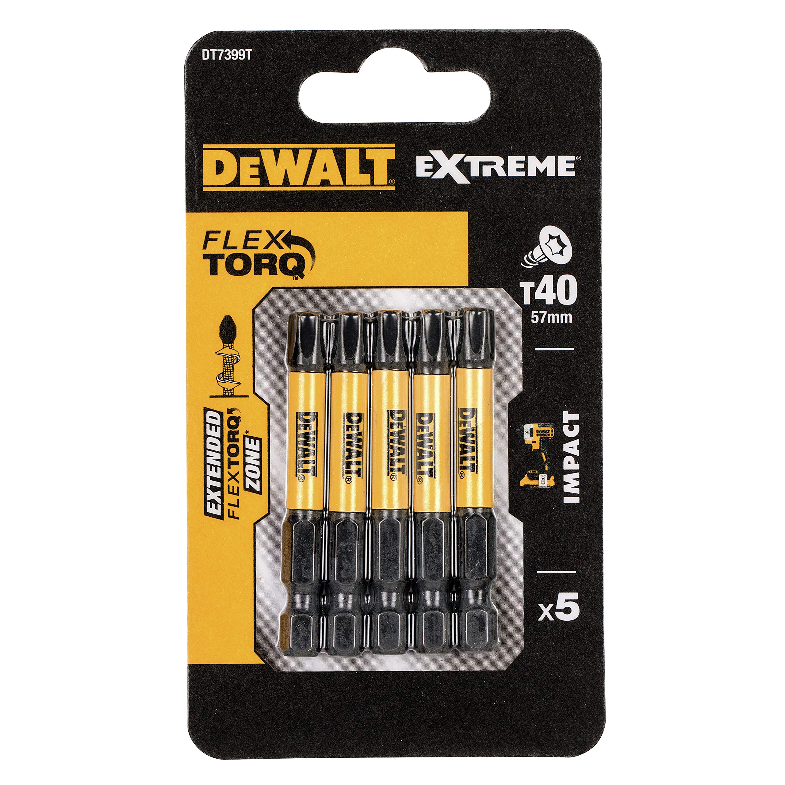 DeWalt DT7399T-QZ inserti per avvitatori impact torsion extreme n.5 pezzi inserti t40 x 50mm, Nero