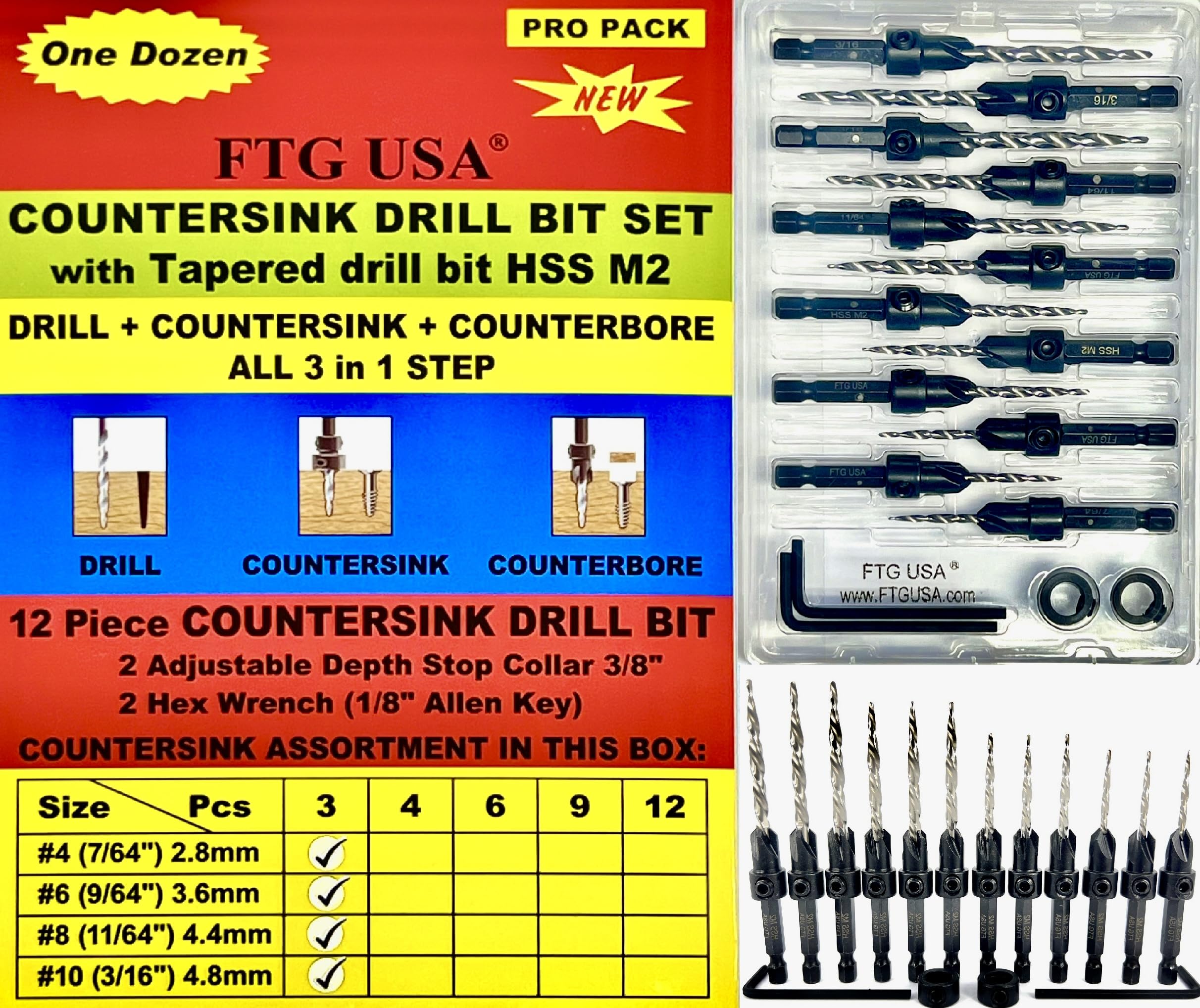 FTG USA Countersink Drill Bit Set 3 Pc #4(7/64") 3 Pc #6 (9/64") 3 Pc #8 (11/64") 3 Pc #10 (3/16") with Tapered Drill Bits for Woodwork with Storage Container — image 1