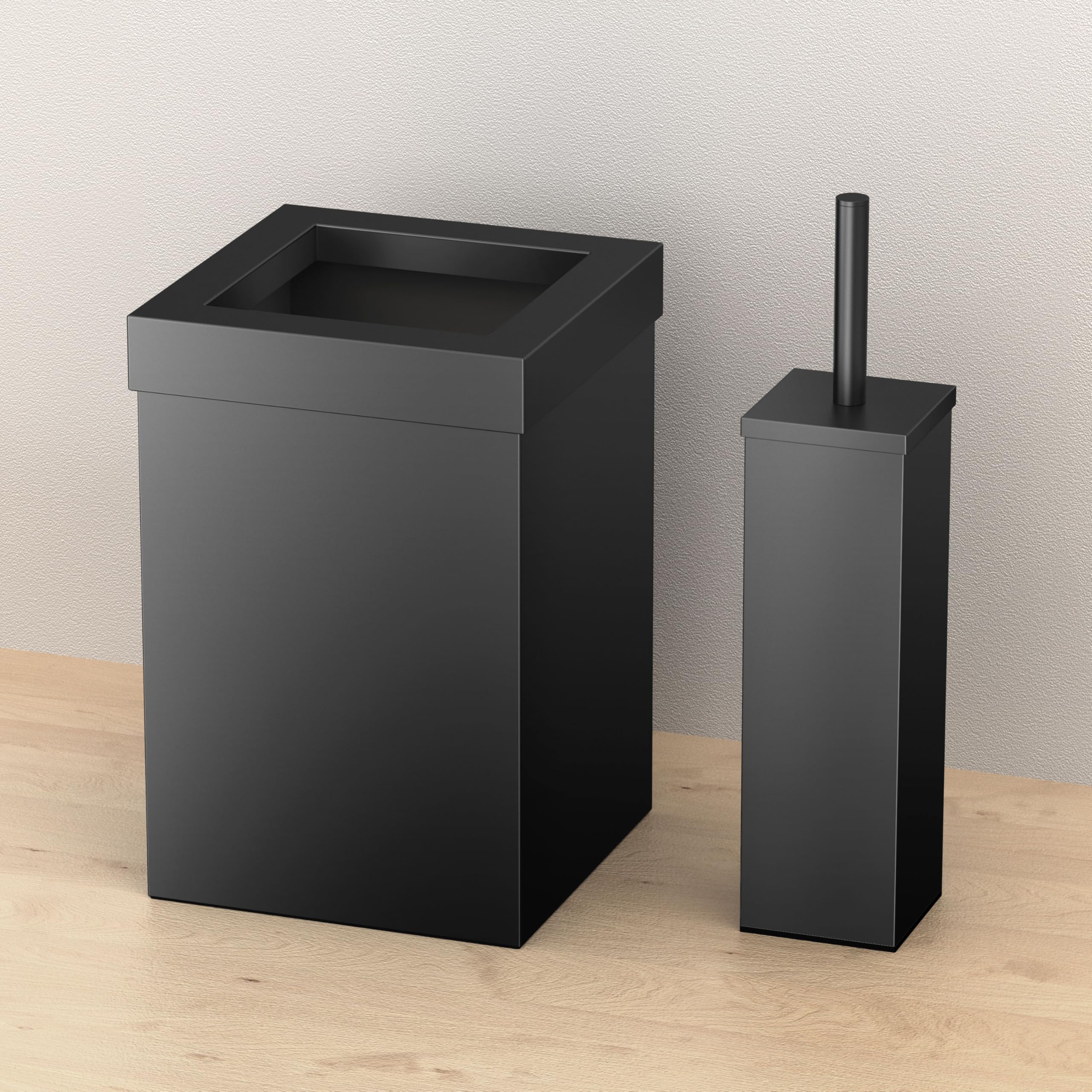Gatco Modern Square Waste Basket and Toilet Brush Set, Matte Black - Stainless Steel Trash Can with Removable Lid, Leakproof, 3 Gallon Capacity for Bathroom, Bedroom, Kitchen, or Office