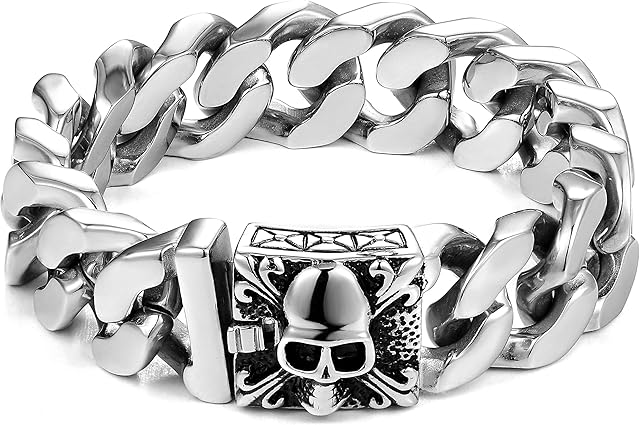 URBAN JEWELRY Unique 23 cm Men's Stainless Steel Silver Skull Head Link Chain Bracelet
