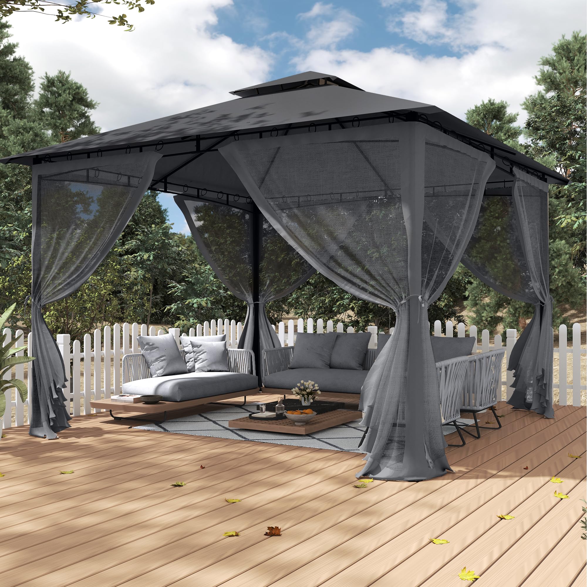 UDPATIO Pavillon 3,35x3,35m Wasserdicht Stabil Winterfest, Gartenpavillon mit Doppeldach, Moskitonetz und Metallrahmen, Doppeldach Gartenlaube für Garten, Terrassen (Grau)