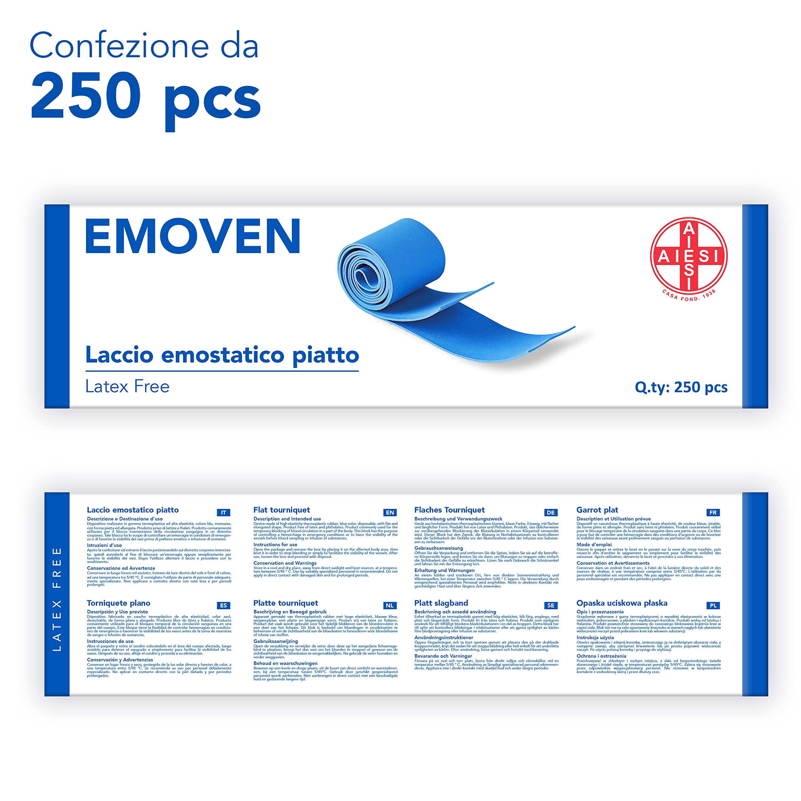 AIESI® Flacher Einweg-Venenstauer hypoallergen latexfrei aus hochelastischem thermoplastischem Gummi (TPE) blaue Farbe Länge 39 cm EMOVEN (Packung mit 250 Stück)