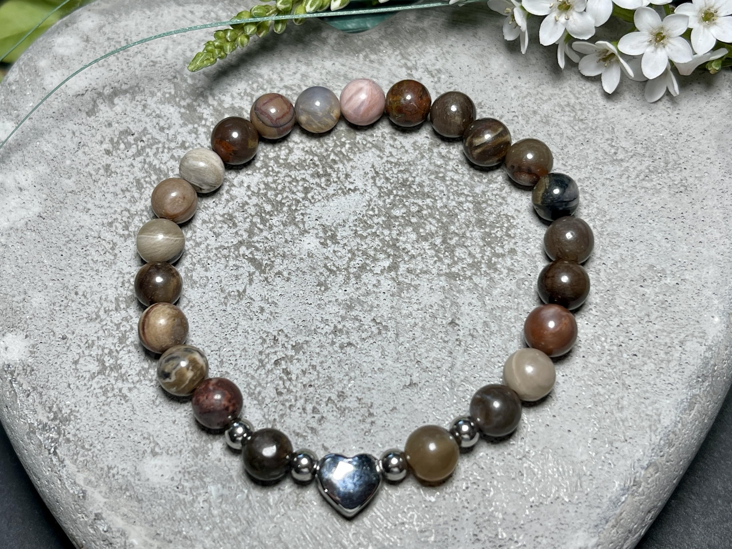 Versteinertes Holz Armband Perlen echt 6mm Herz Edelstahl Silber Gold Roségold oder Ionisiert - Handmade Perlenarmband Lebensfreude Erdung Erholung - Spiritueller Schmuck Damen Mädchen