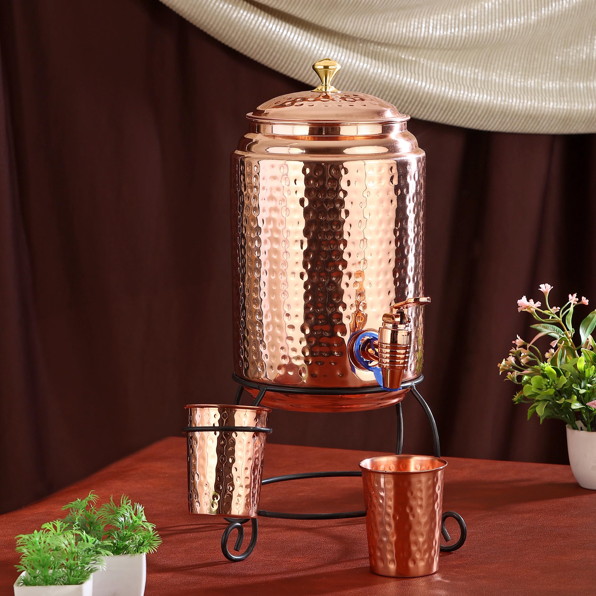 CROCKERY WALA & COMPANY cWc Copper Water Dispenser Set, 5 litres, with Stand, 2 Glasses and ABS Tap, HaMmered Design (HaMmered Natura)-image-35