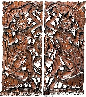 Asiana Home Decor Thai Asian Figure-Lady holding Lotus Flower Carved Wood Wall Art Panel, Size 17.5”x7.5” Each, Set of 2 Pcs.