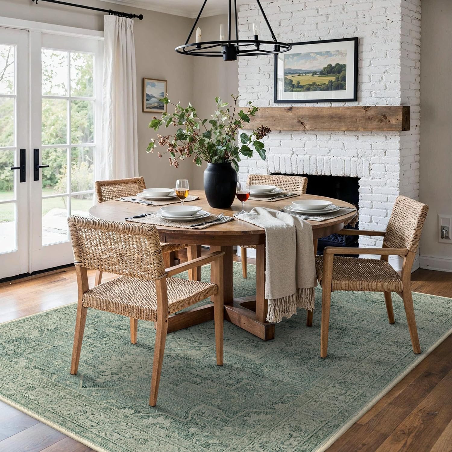 BESBLEE 5x7 Area Rugs for Living Room, Machine Washable Rug, Non Slip Vintage Rugs, Low Pile Lightweight Print Rug for Bedroom, Dining Room, Home Office, Green