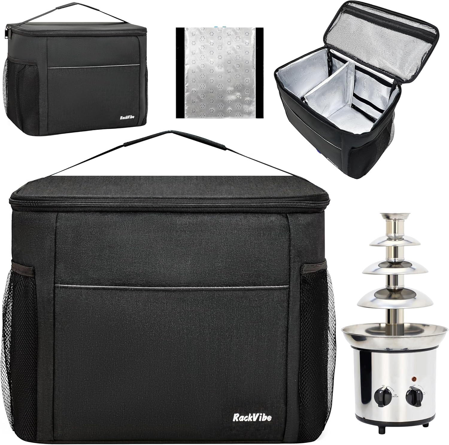 Chocolate Fountain Storage Bag, Compatible with Nostalgia 3/4-Tier Electric Chocolate Fondue Fountain Machine, Insulated Organizer with Adjustable Dividers for Fondue Fountain, Black (Bag Only)