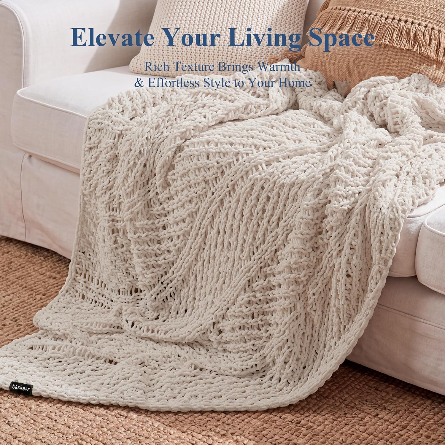 Luxury Chenille Throw Blanket, Soft Cable Knit Blanket with Openwork Texture, Decorative Knit Throw for Couch, Sofa & Bed, Cozy All Season Gift for Home Decor, 50x60 inches, Ivory image 5