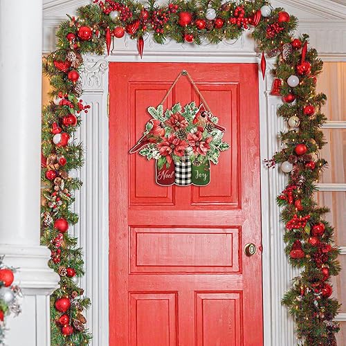 Miniatura 10 de Bencailor Decoración de puerta de Navidad, diseño de pájaros cardenales, letrero de bienvenida de madera para puerta delantera, letrero colgante de