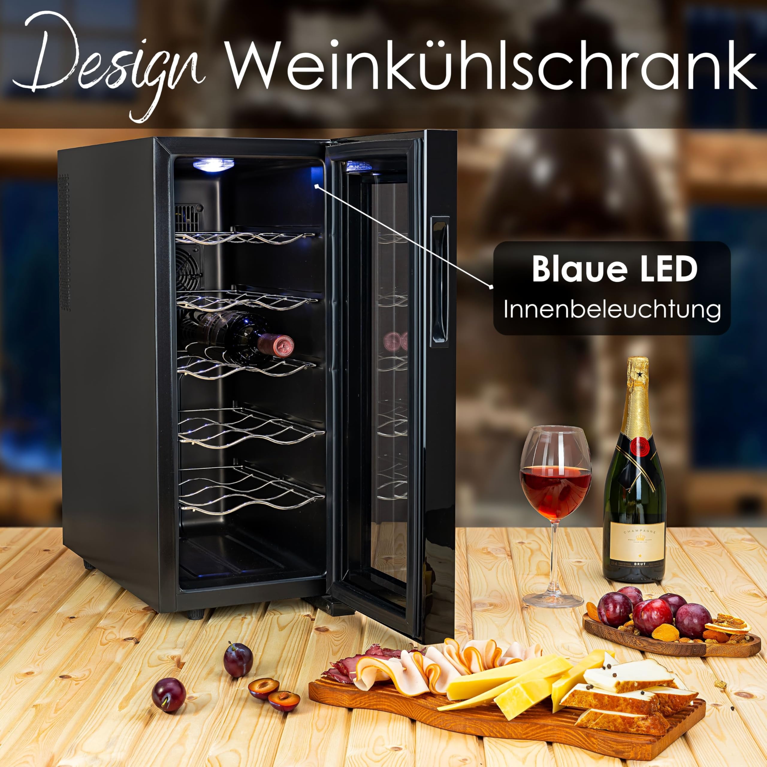 Zilan Refrigerador para vino, independiente, silencioso, 12 botellas, 33 litros, luces LED, enfriador de vino, armario pequeño con clima de vino, mini nevera, minibar con puerta de cristal