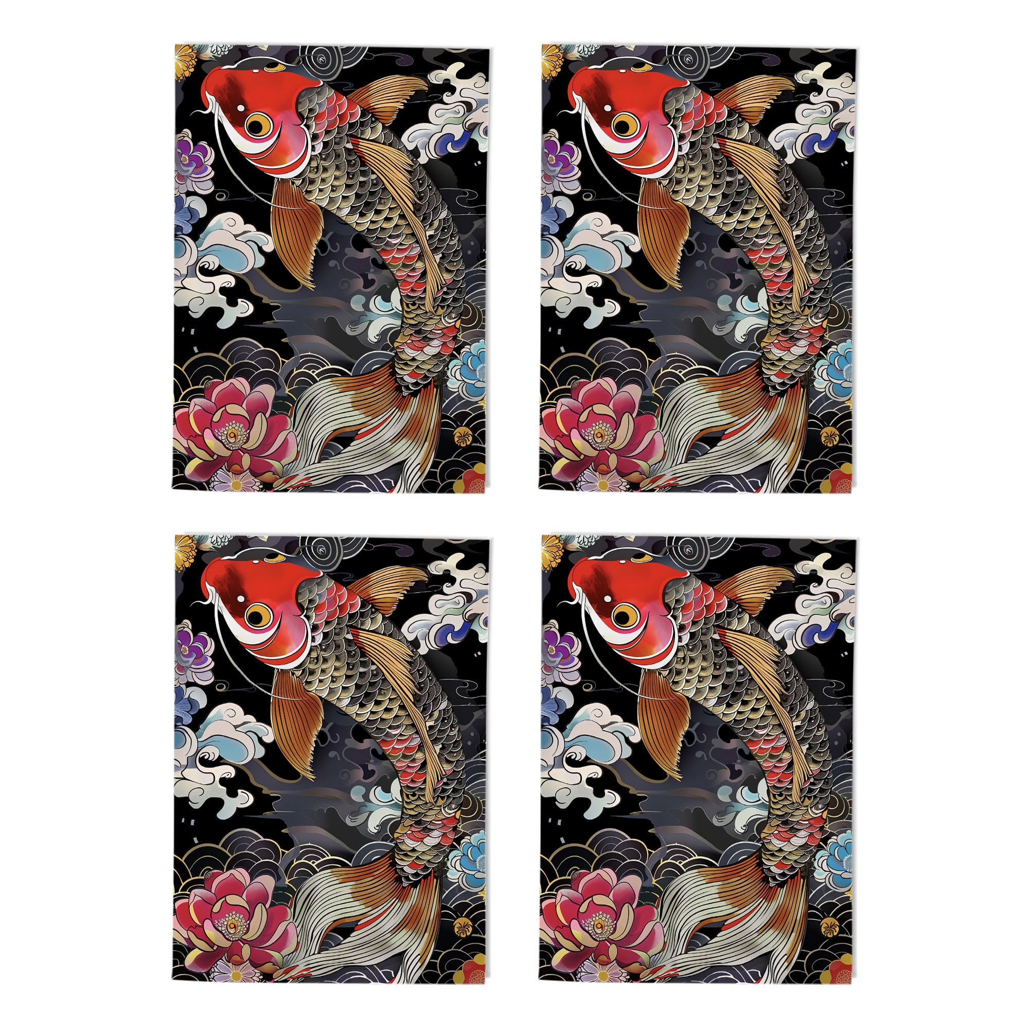 Colourful Koi Carp Tattoo Art Cards Multipack of 4 Lotus Flower Greeting Cards For Any Occasion Blank Inside A6 10 x 15 cm