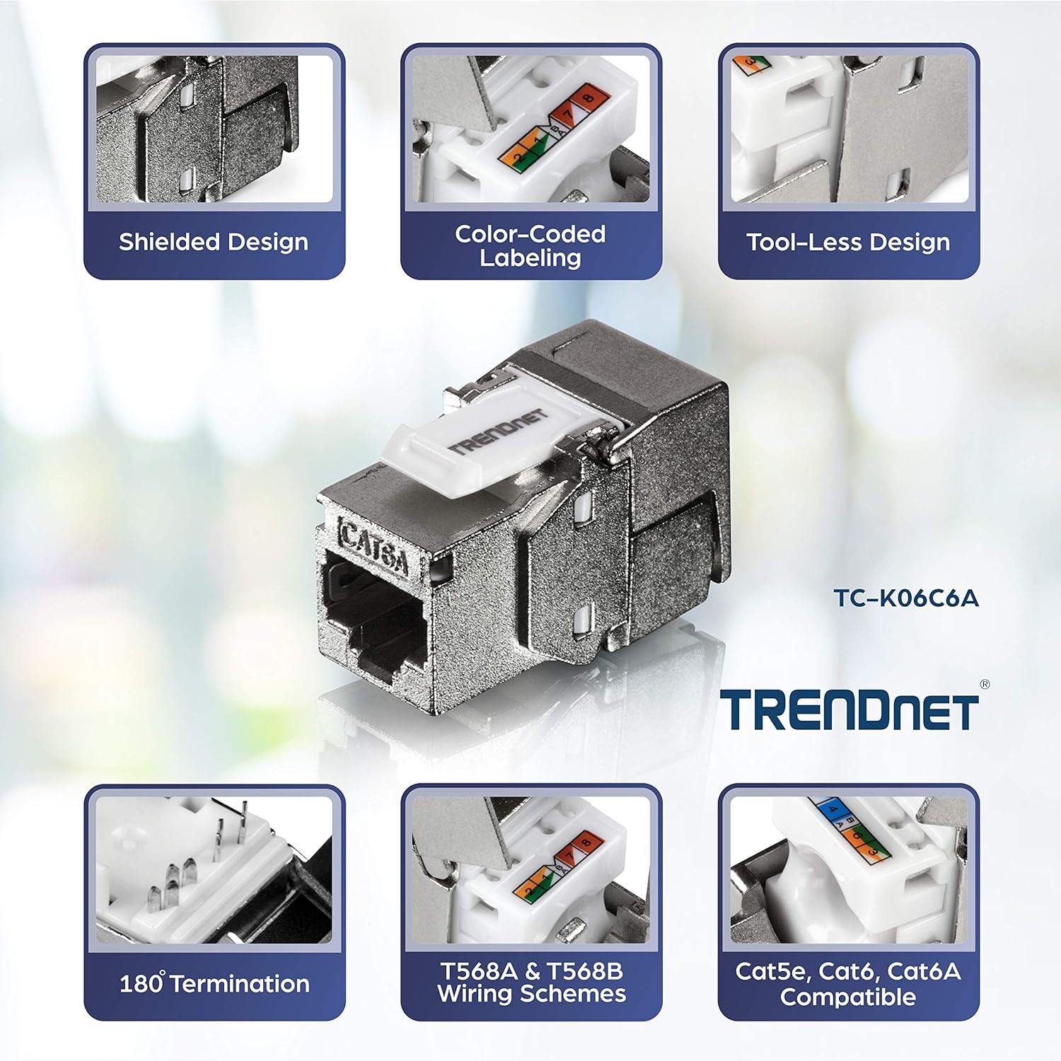 TRENDnet Shielded Cat6A RJ45 Keystone Jack 6-Pack Bundle, Use with The TC-KP24S Shielded Blank Keystone Patch Panel (Sold Separately), Silver,TC-K06C6A